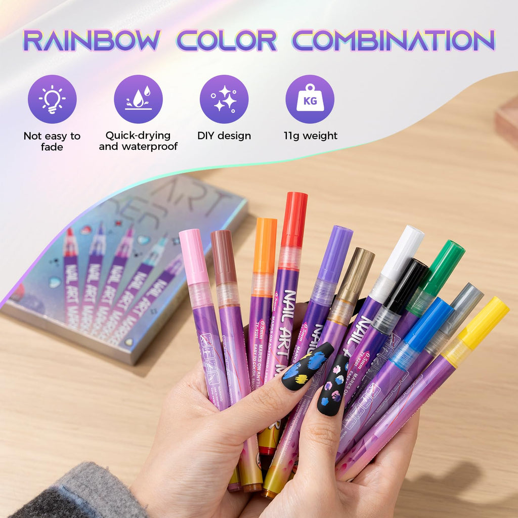 PROTECTMETER Nail Art Pens — 12 Colors, 0.5mm Fine Tip, Quick-Dry Water-Based Kit