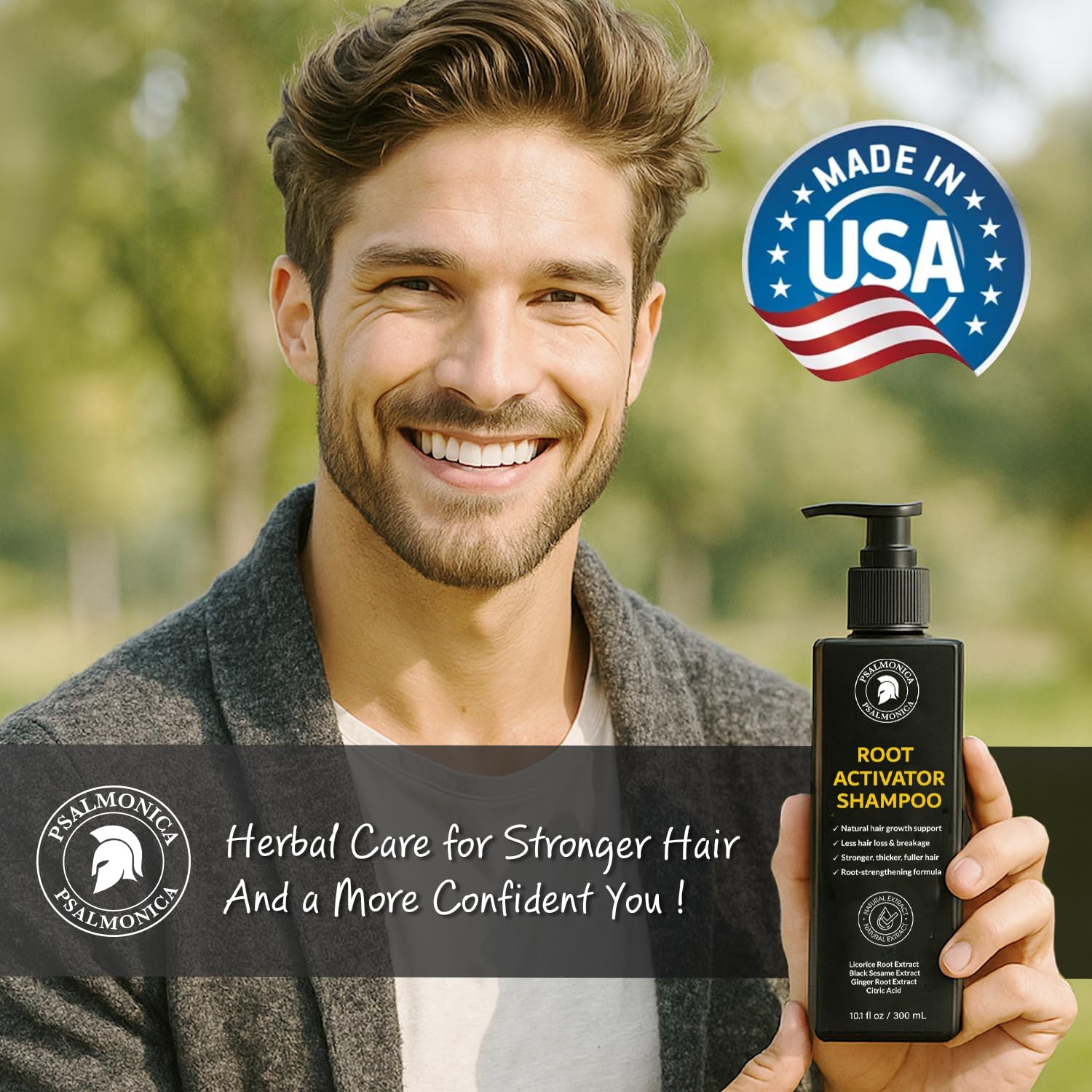 Psalmonica Root Activator Shampoo for Men – Herbal, Made in USA, Sulfate-Free