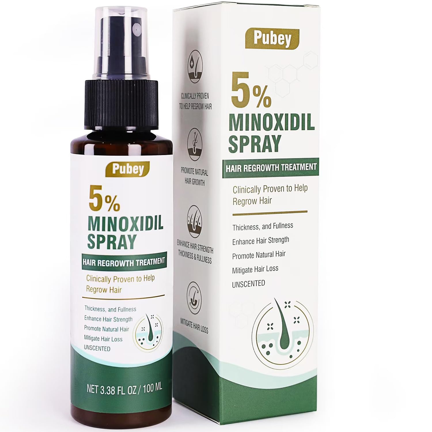 Pugbey 5% Minoxidil Spray for Hair Growth – Men & Women, Beard & Scalp, 3.38 oz (2 Month Supply)