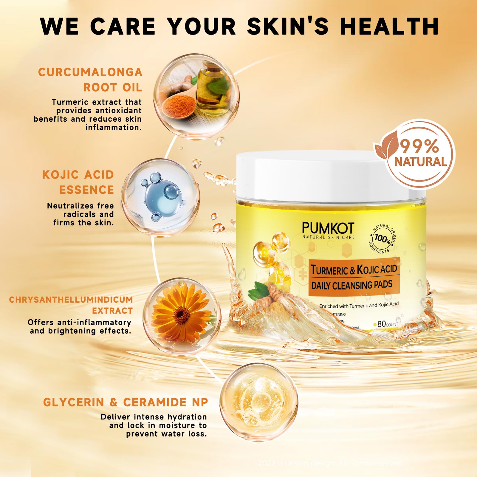 Pumkot Turmeric Kojic Acid Cleansing Pads – 80pcs Gentle Exfoliating Facial Pads