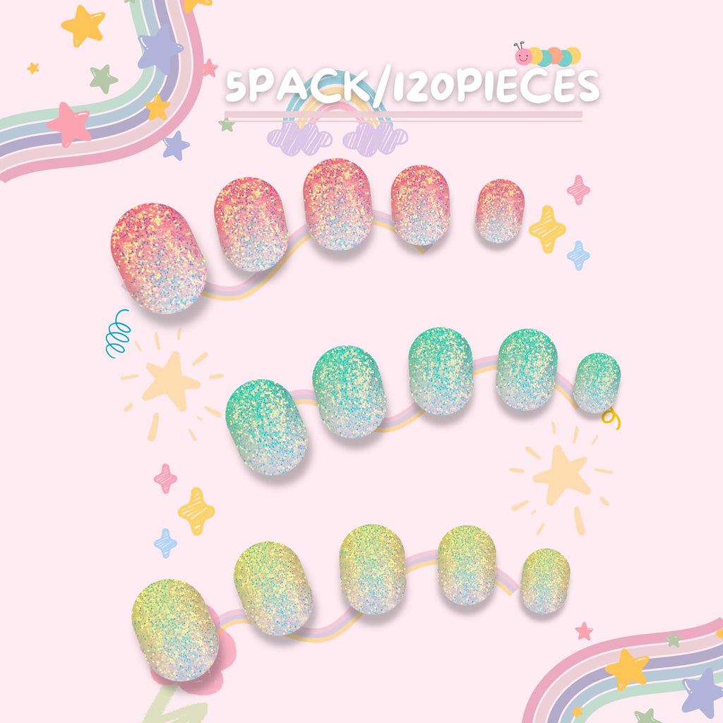 Pumkryth 120pcs Kids Press-On Nails – Glitter Short Fake Nails with Glue Tabs