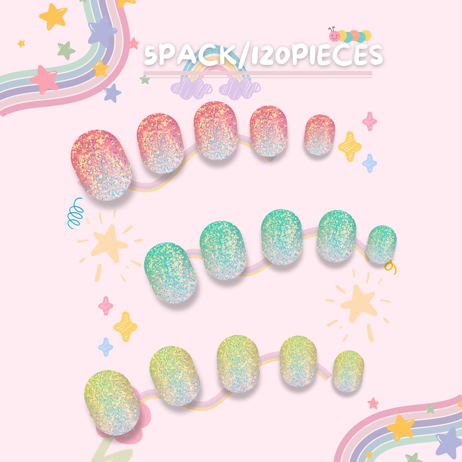 Pumkryth 120pcs Kids Press-On Nails – Glitter Short Fake Nails with Glue Tabs
