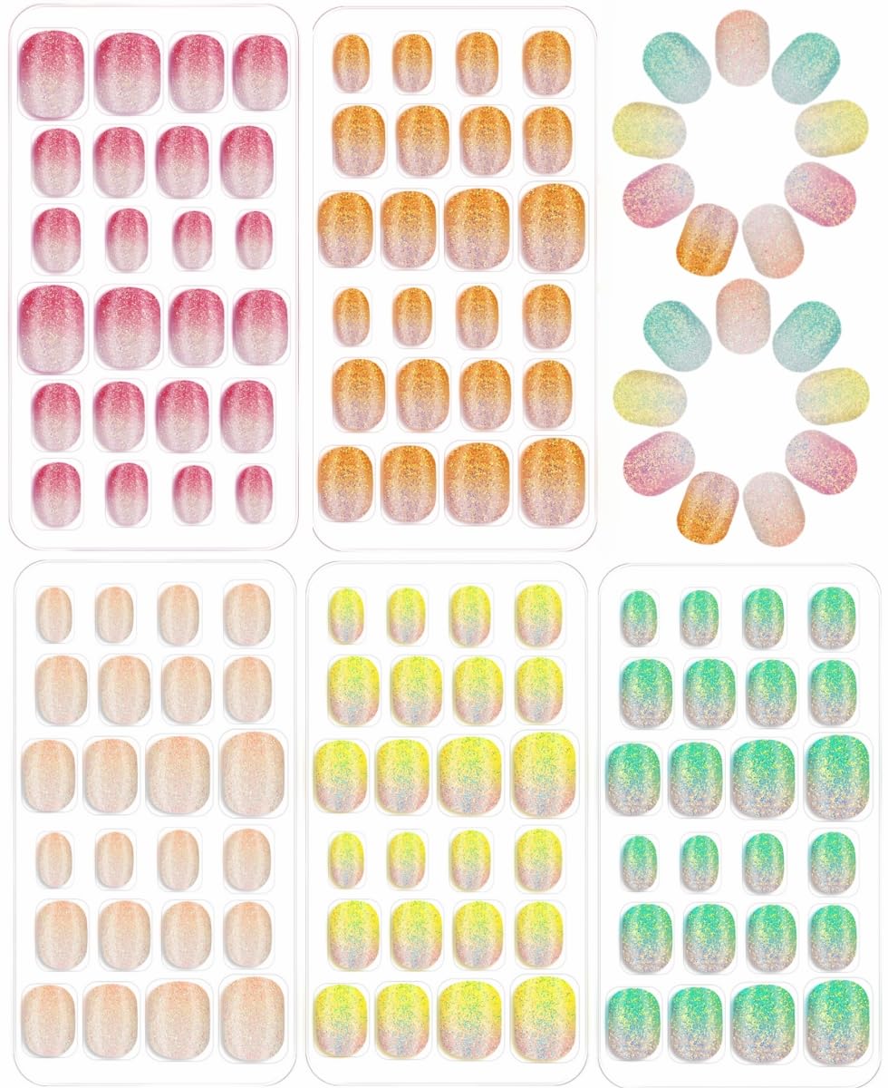 Pumkryth 120pcs Kids Press-On Nails – Glitter Short Fake Nails with Glue Tabs
