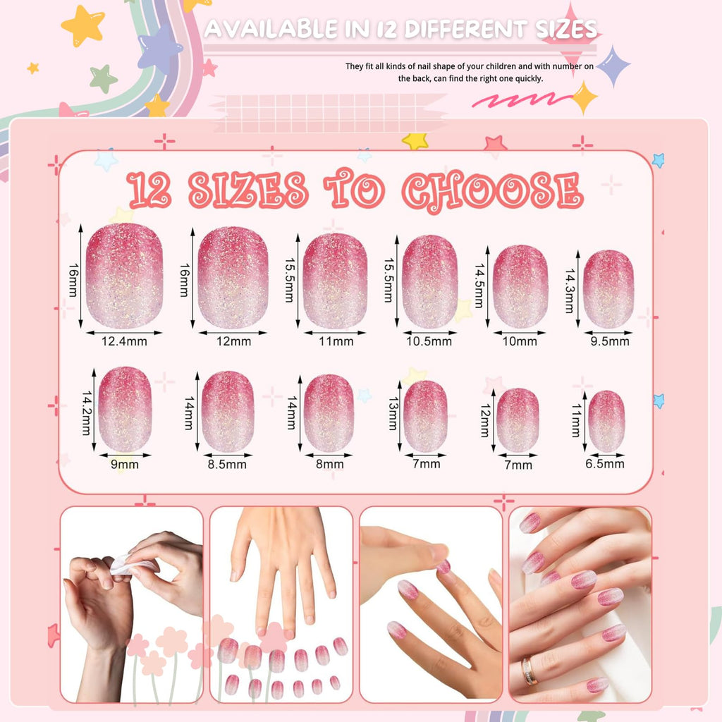Pumkryth 120pcs Kids Press-On Nails – Glitter Short Fake Nails with Glue Tabs
