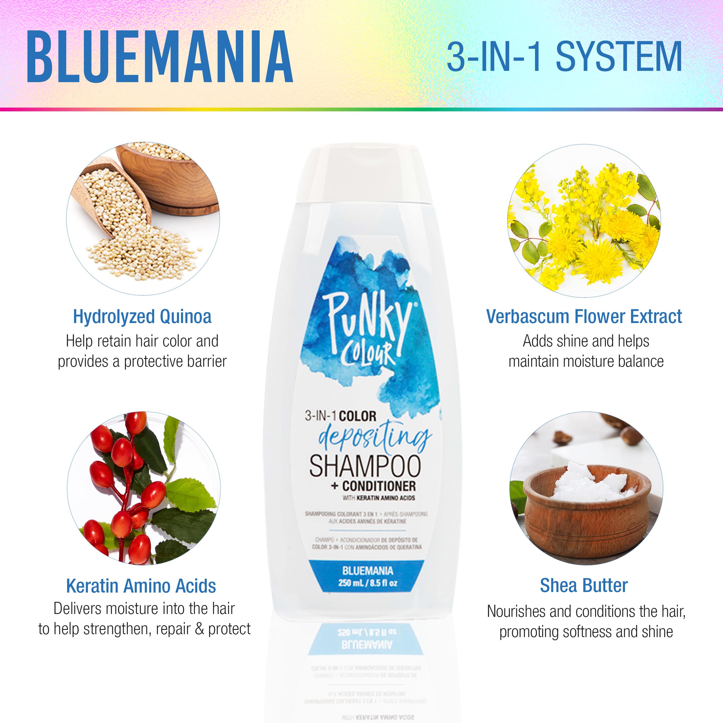 Punky Colour Bluemania 3-in-1 Color Depositing Conditioner & Hair Cleanser – Semi-Permanent, 8.5 fl oz