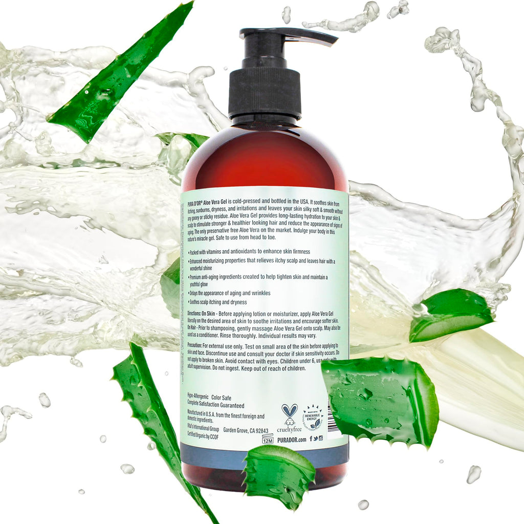 PURA D'OR 16 oz Organic Aloe Vera Gel – Lavender – Deep Hydration, All Natural, No Artificial Preservatives