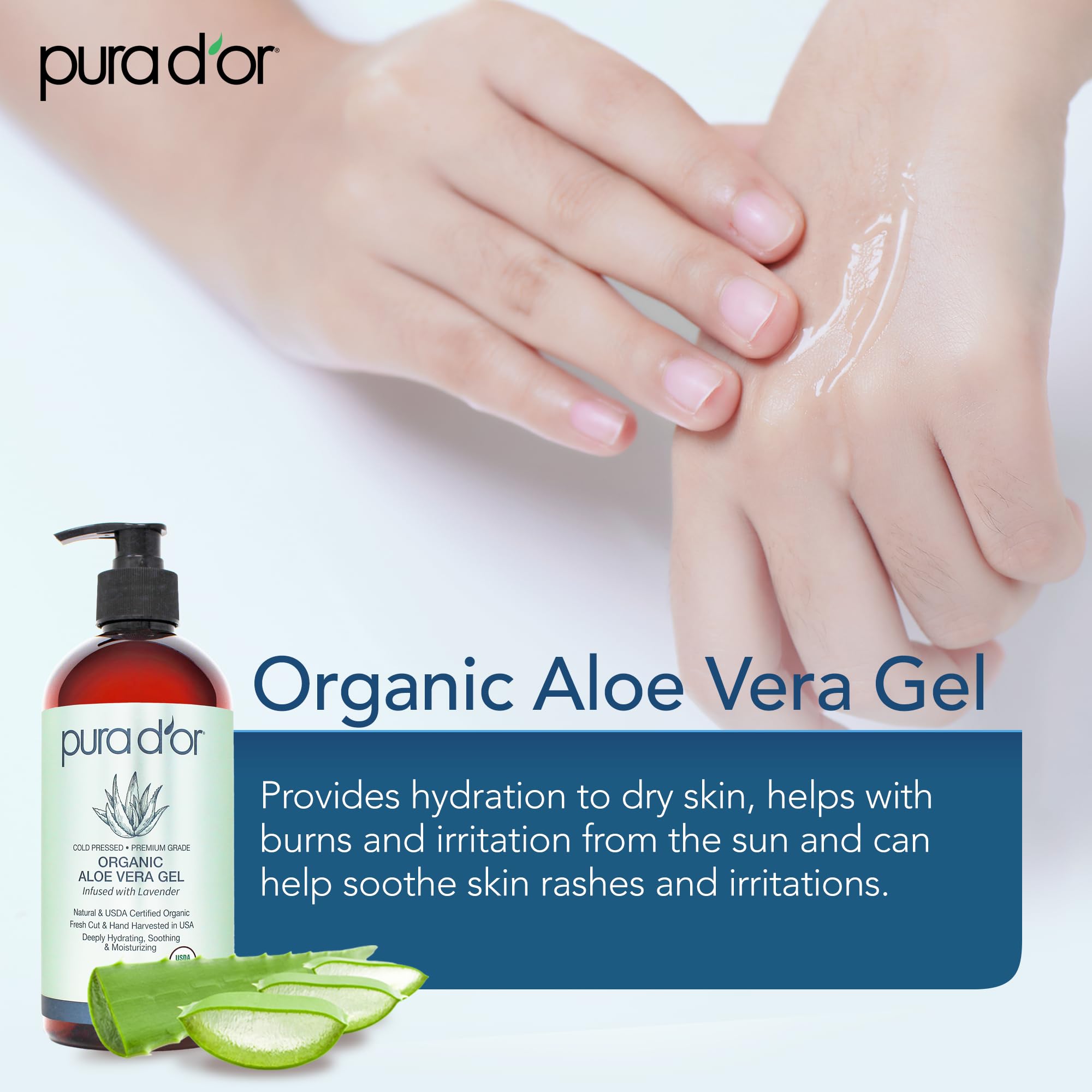 PURA D'OR 16 oz Organic Aloe Vera Gel – Lavender – Deep Hydration, All Natural, No Artificial Preservatives