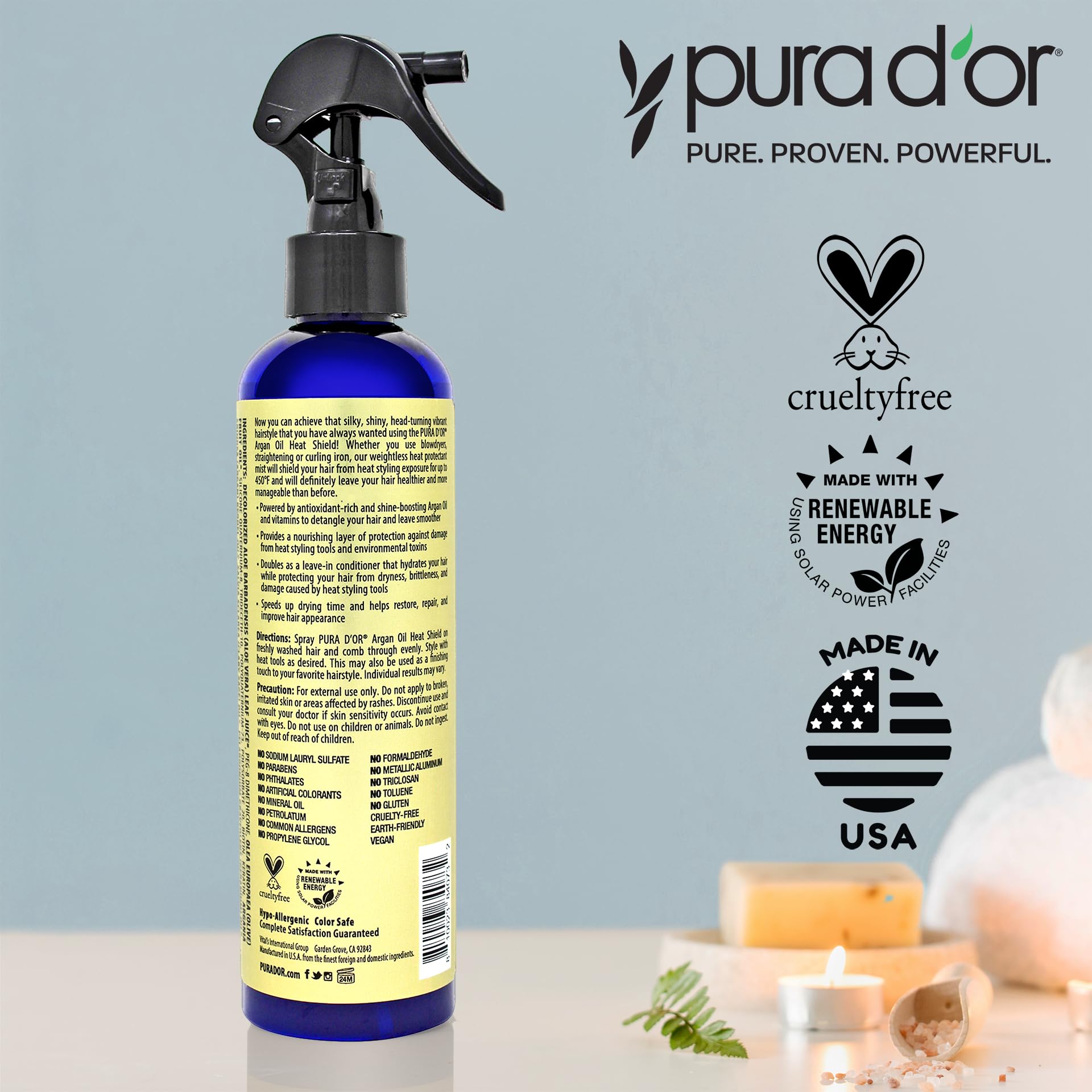 PURA D'OR 8 Oz Argan Oil Heat Shield Protectant Spray — Up To 450°F