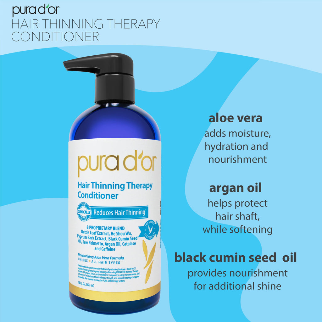 PURA D'OR Hair Thinning Therapy Shampoo & Conditioner Set – Biotin, Color Safe, 16 oz x 2