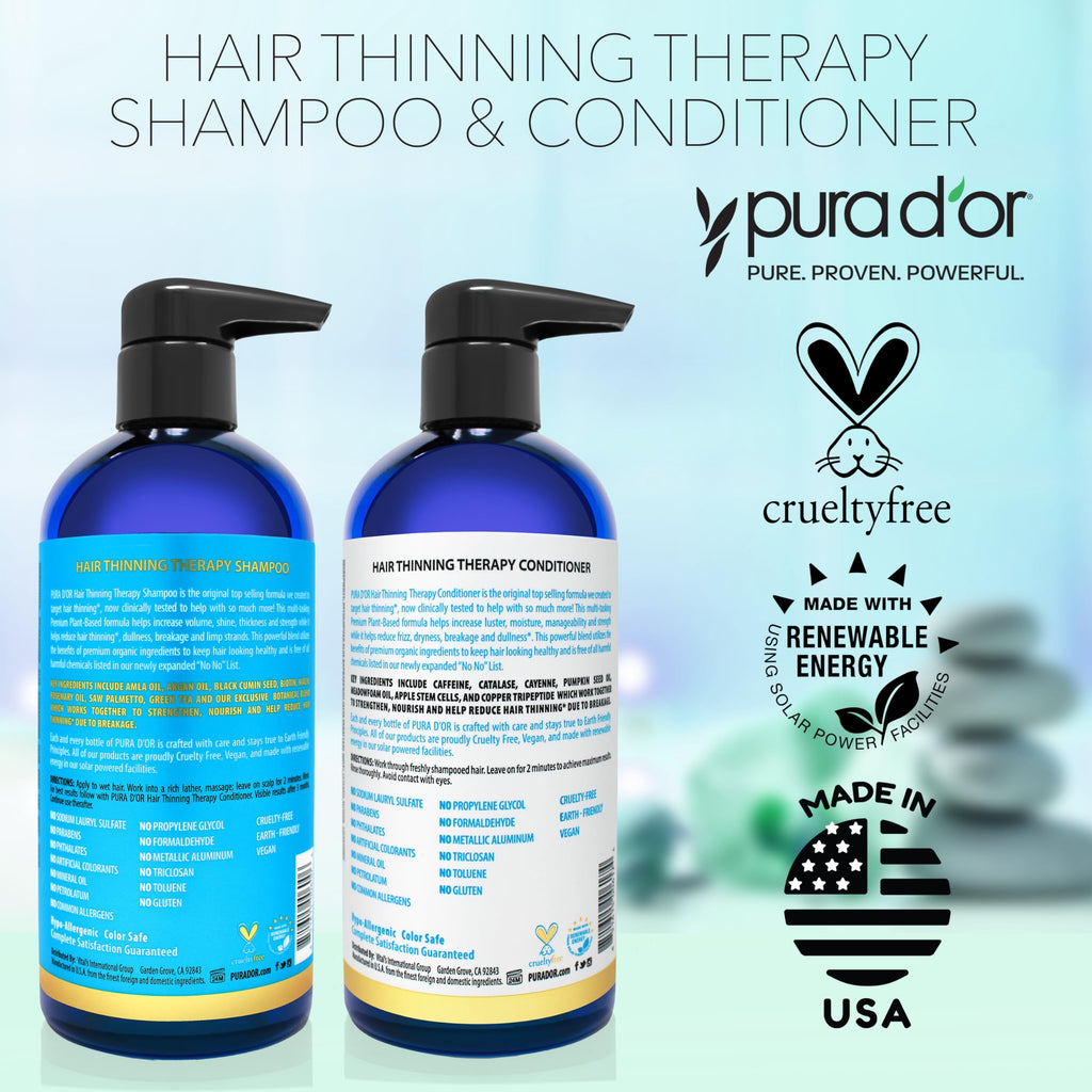 PURA D'OR Hair Thinning Therapy Shampoo & Conditioner Set – Biotin, Color Safe, 16 oz x 2