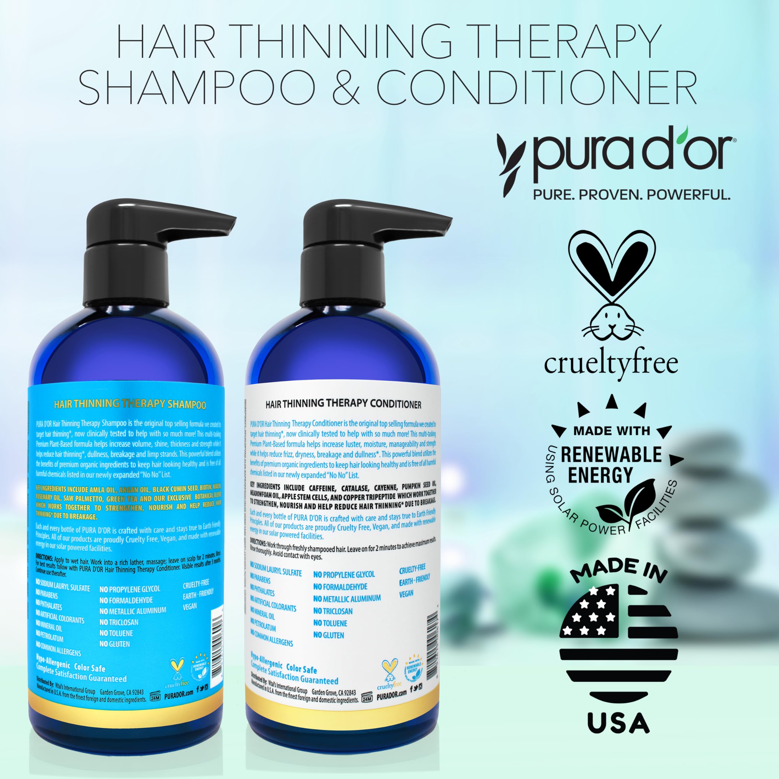 PURA D'OR Hair Thinning Therapy Shampoo & Conditioner Set – Biotin, Color Safe, 16 oz x 2