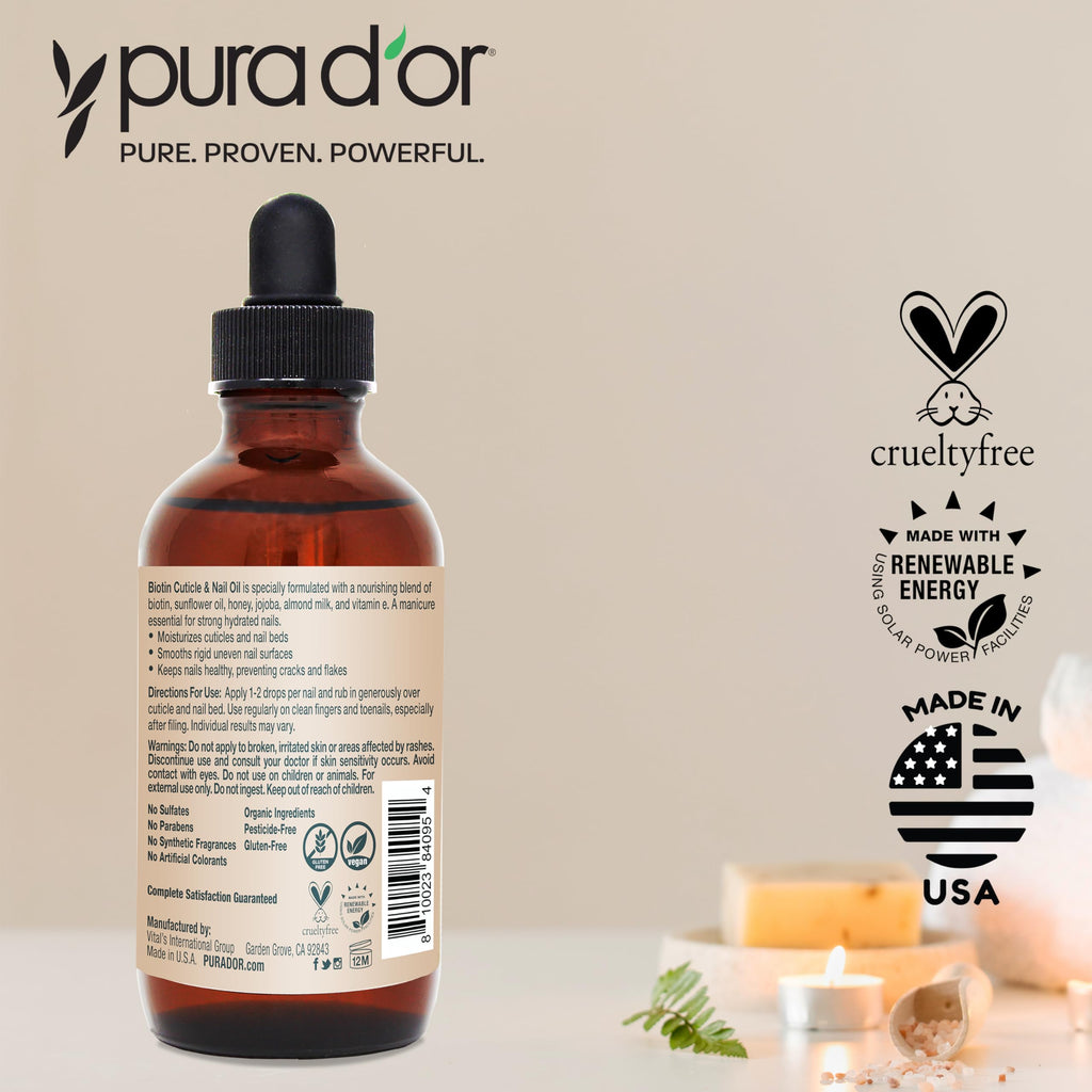 PURA D'OR 4 Oz Nail & Cuticle Oil — Biotin, Vitamin E Nourishing Treatment