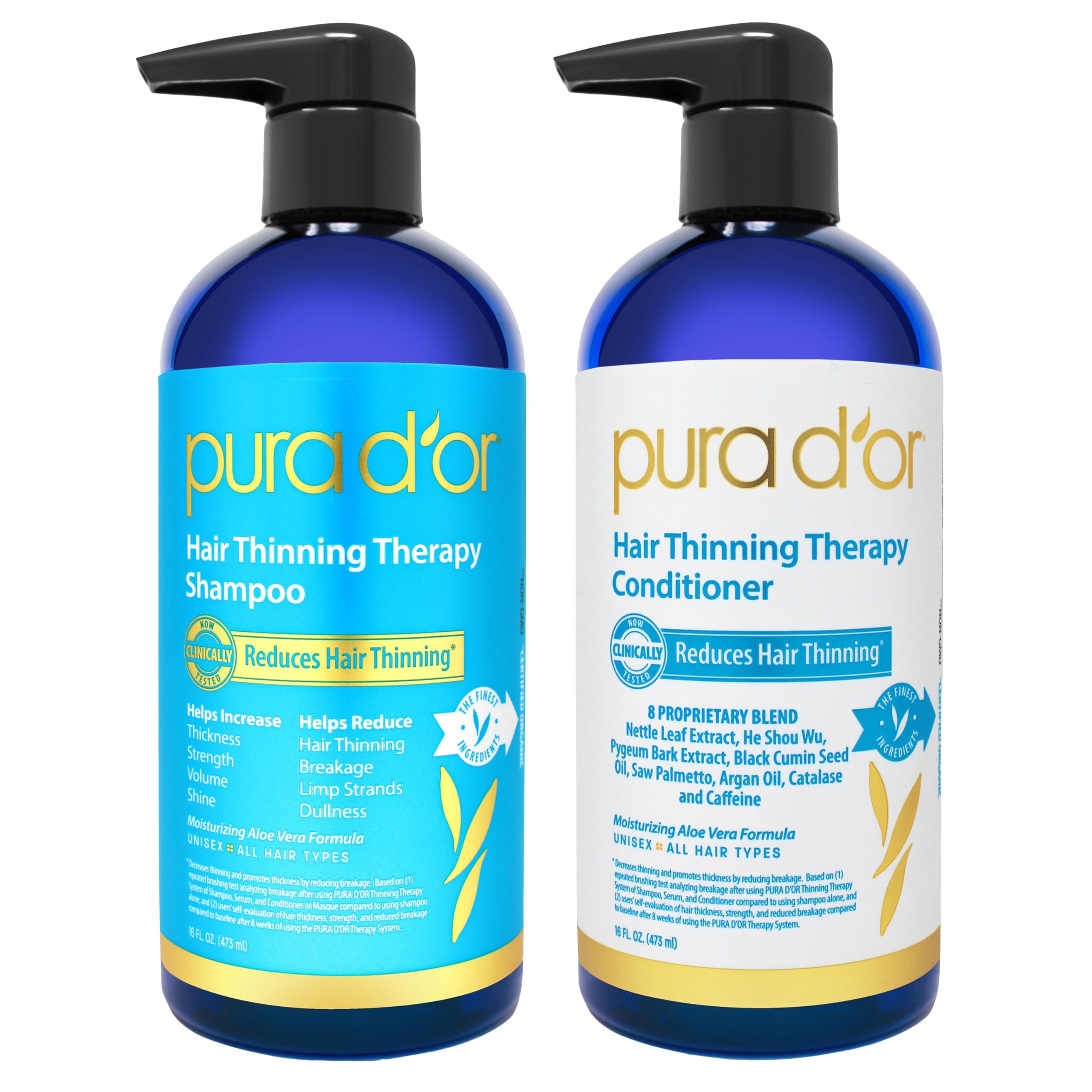 PURA D'OR Hair Thinning Therapy Shampoo & Conditioner Set – Biotin, Color Safe, 16 oz x 2