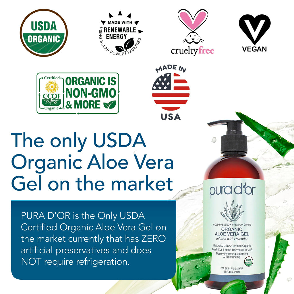 PURA D'OR 16 oz Organic Aloe Vera Gel – Lavender – Deep Hydration, All Natural, No Artificial Preservatives