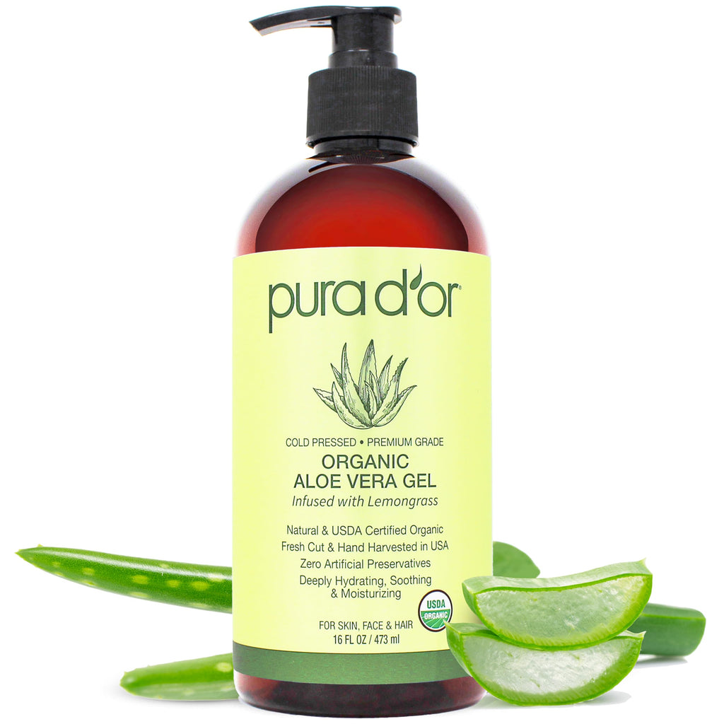 PURA D'OR 16 Oz Organic Aloe Vera Gel with Lemongrass – Deep Hydration, Zero Artificial Preservatives