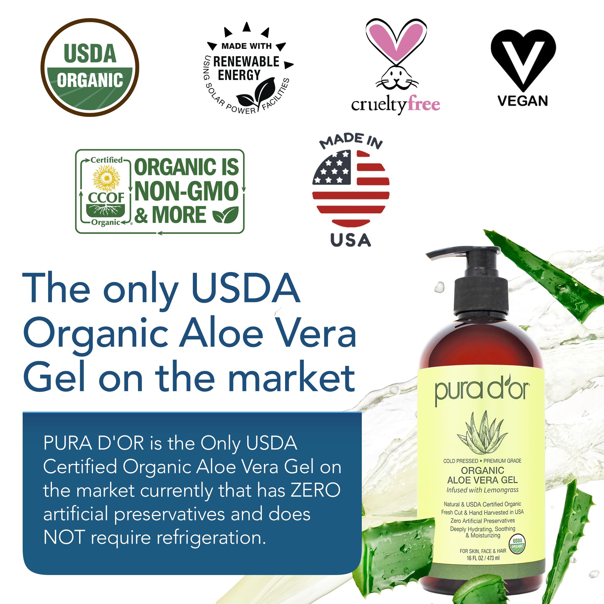 PURA D'OR 16 Oz Organic Aloe Vera Gel with Lemongrass – Deep Hydration, Zero Artificial Preservatives