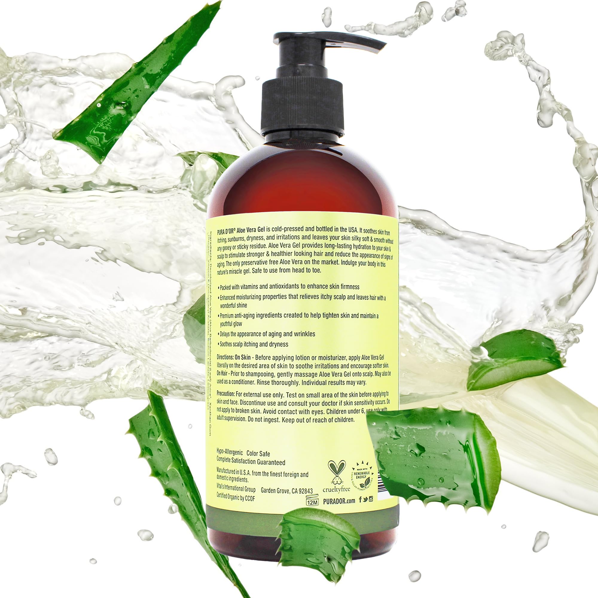 PURA D'OR 16 Oz Organic Aloe Vera Gel with Lemongrass – Deep Hydration, Zero Artificial Preservatives