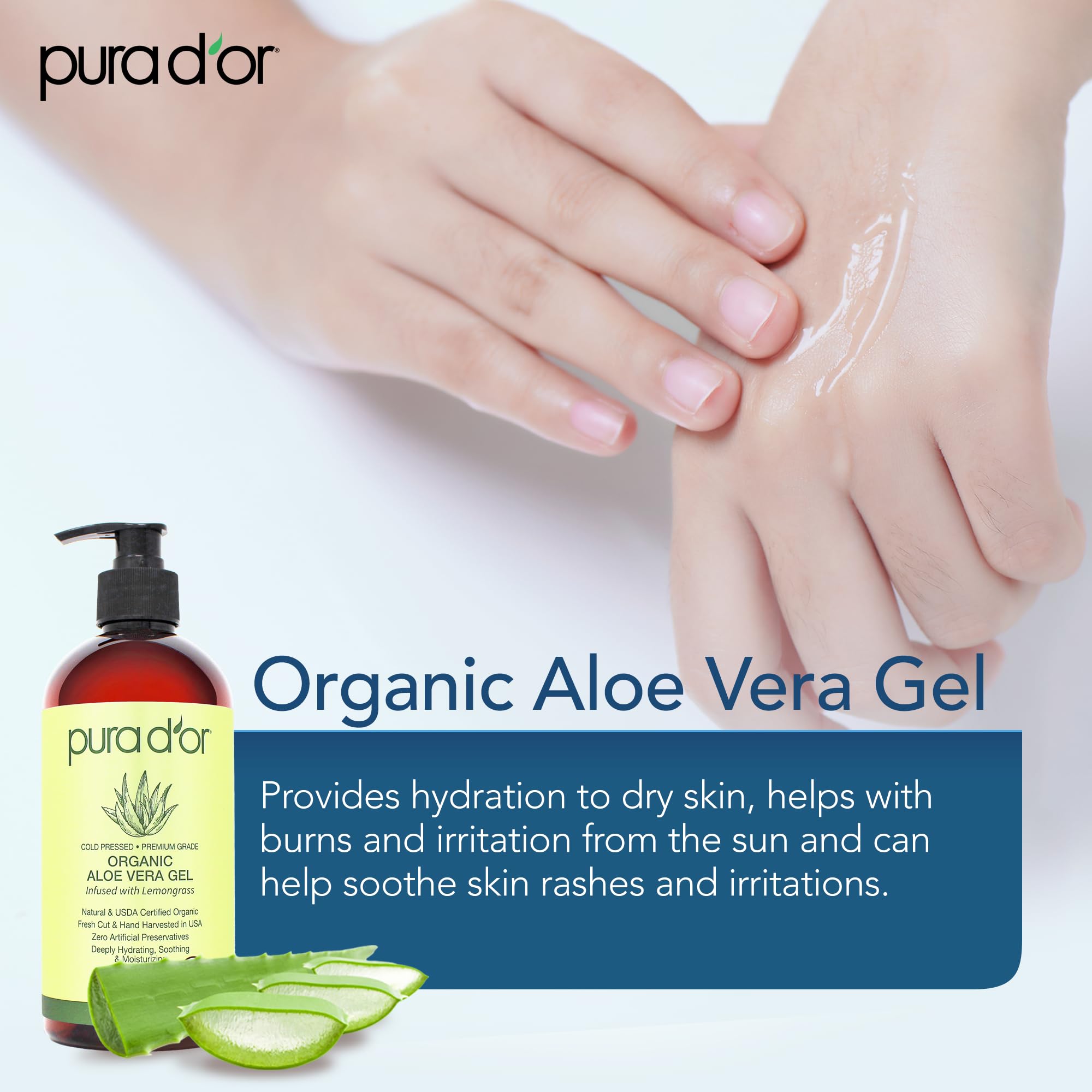 PURA D'OR 16 Oz Organic Aloe Vera Gel with Lemongrass – Deep Hydration, Zero Artificial Preservatives