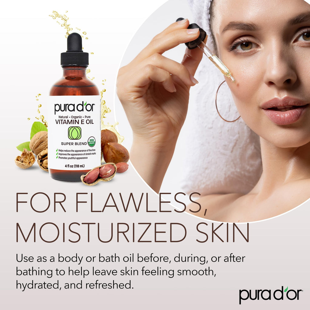 PURA D'OR Organic Vitamin E Oil – 4 Oz for Face, Body, Hair