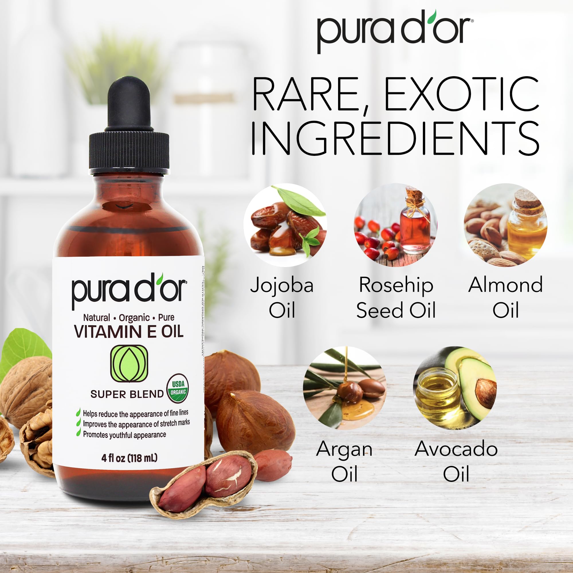 PURA D'OR Organic Vitamin E Oil – 4 Oz for Face, Body, Hair