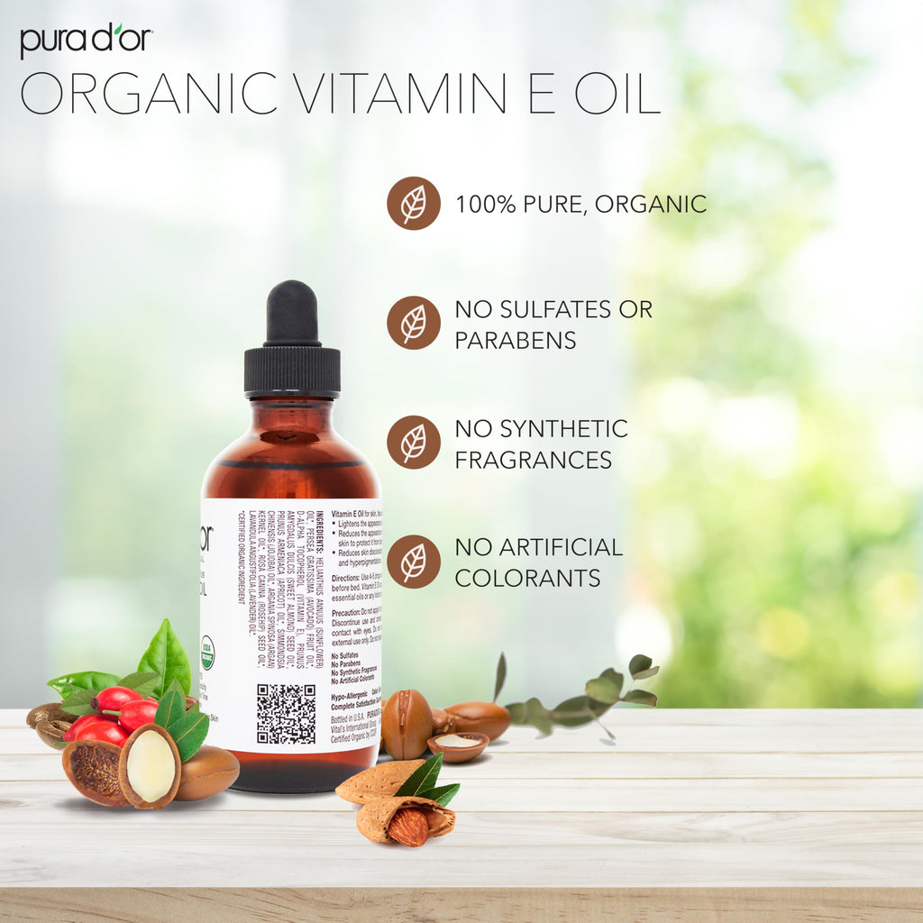 PURA D'OR Organic Vitamin E Oil – 4 Oz for Face, Body, Hair