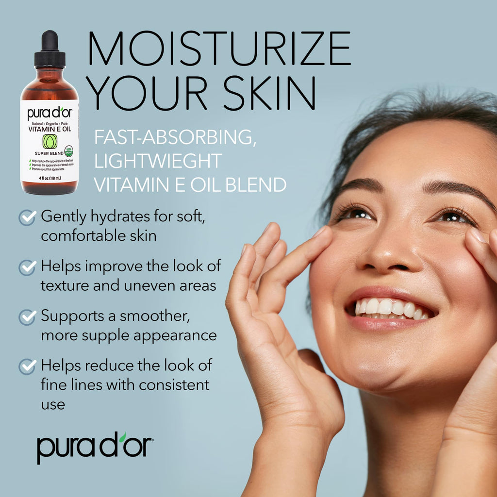 PURA D'OR Organic Vitamin E Oil – 4 Oz for Face, Body, Hair