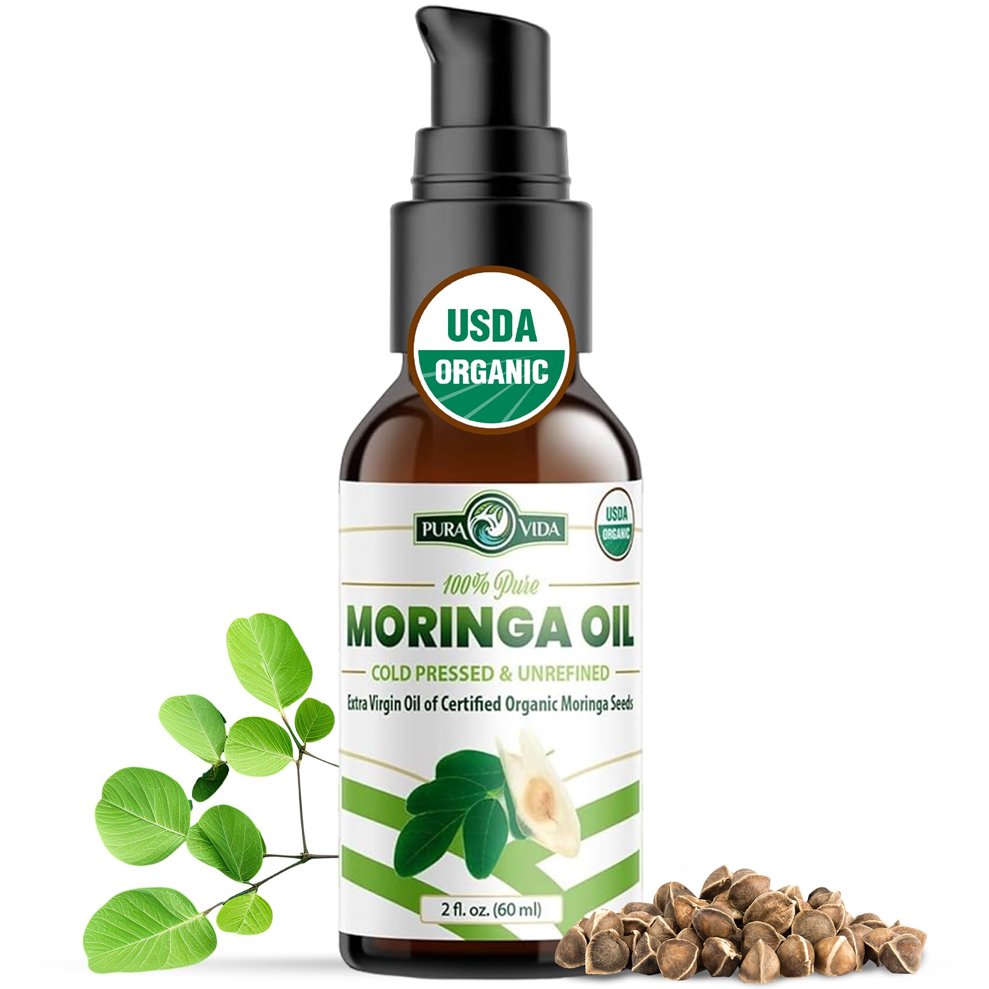 PURA VIDA MORINGA Seed Oil – USDA Organic, Cold-Pressed, Single-Origin, 2 oz Pump Bottle