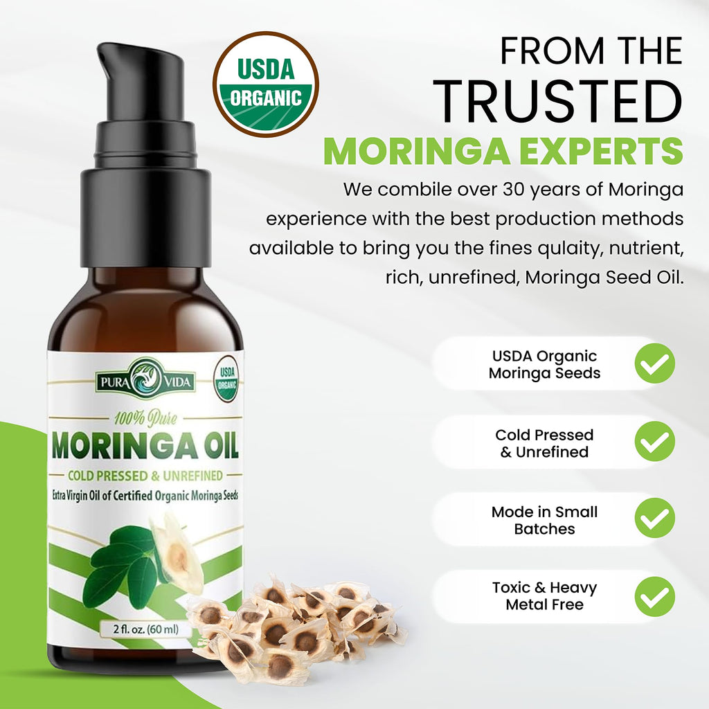 PURA VIDA MORINGA Seed Oil – USDA Organic, Cold-Pressed, Single-Origin, 2 oz Pump Bottle