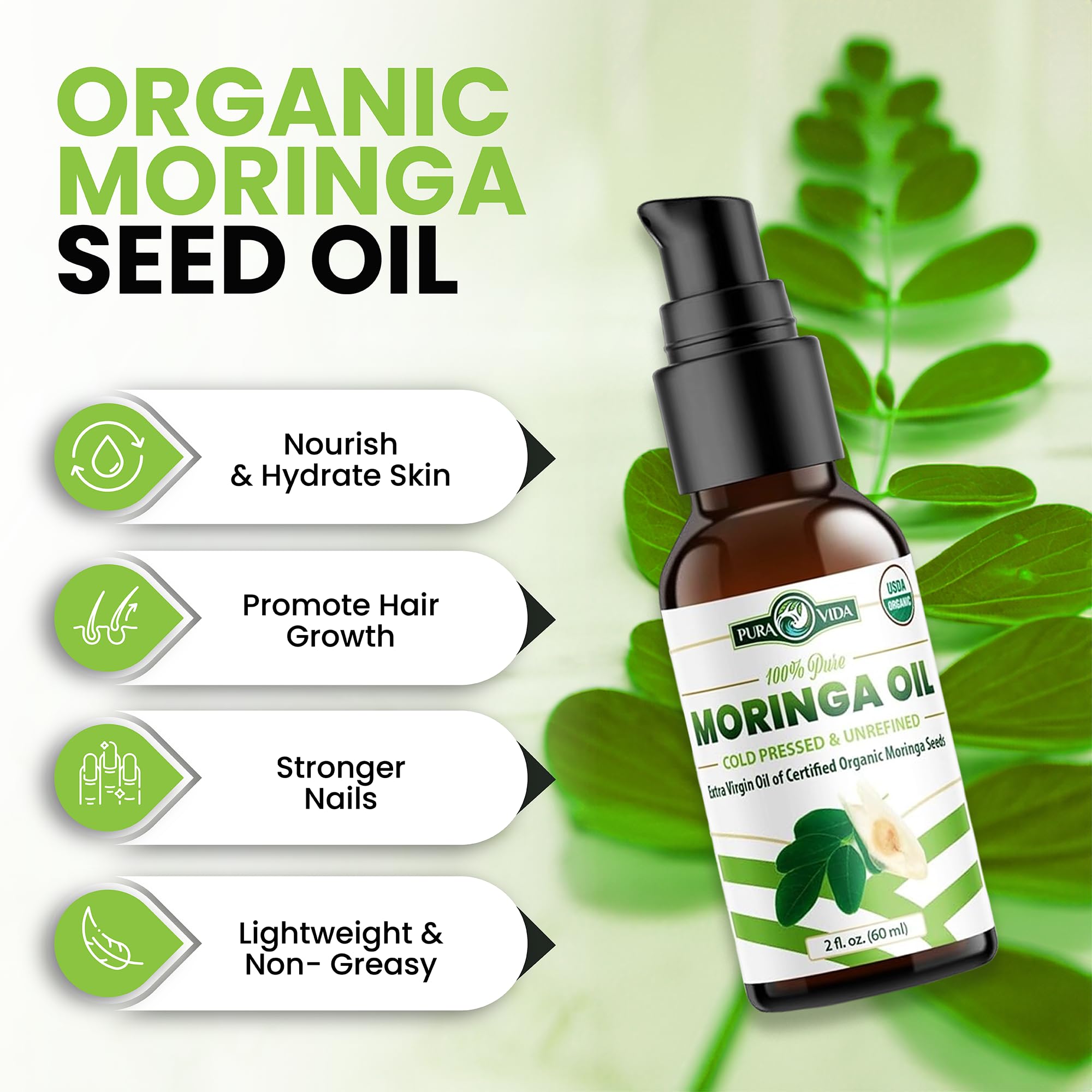 PURA VIDA MORINGA Seed Oil – USDA Organic, Cold-Pressed, Single-Origin, 2 oz Pump Bottle