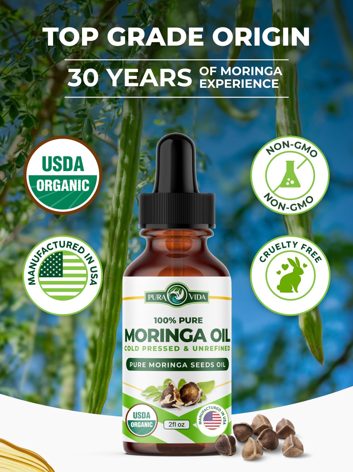 PURA VIDA MORINGA Seed Oil – USDA Organic, Cold-Pressed, Single-Origin, 2 oz Pump Bottle