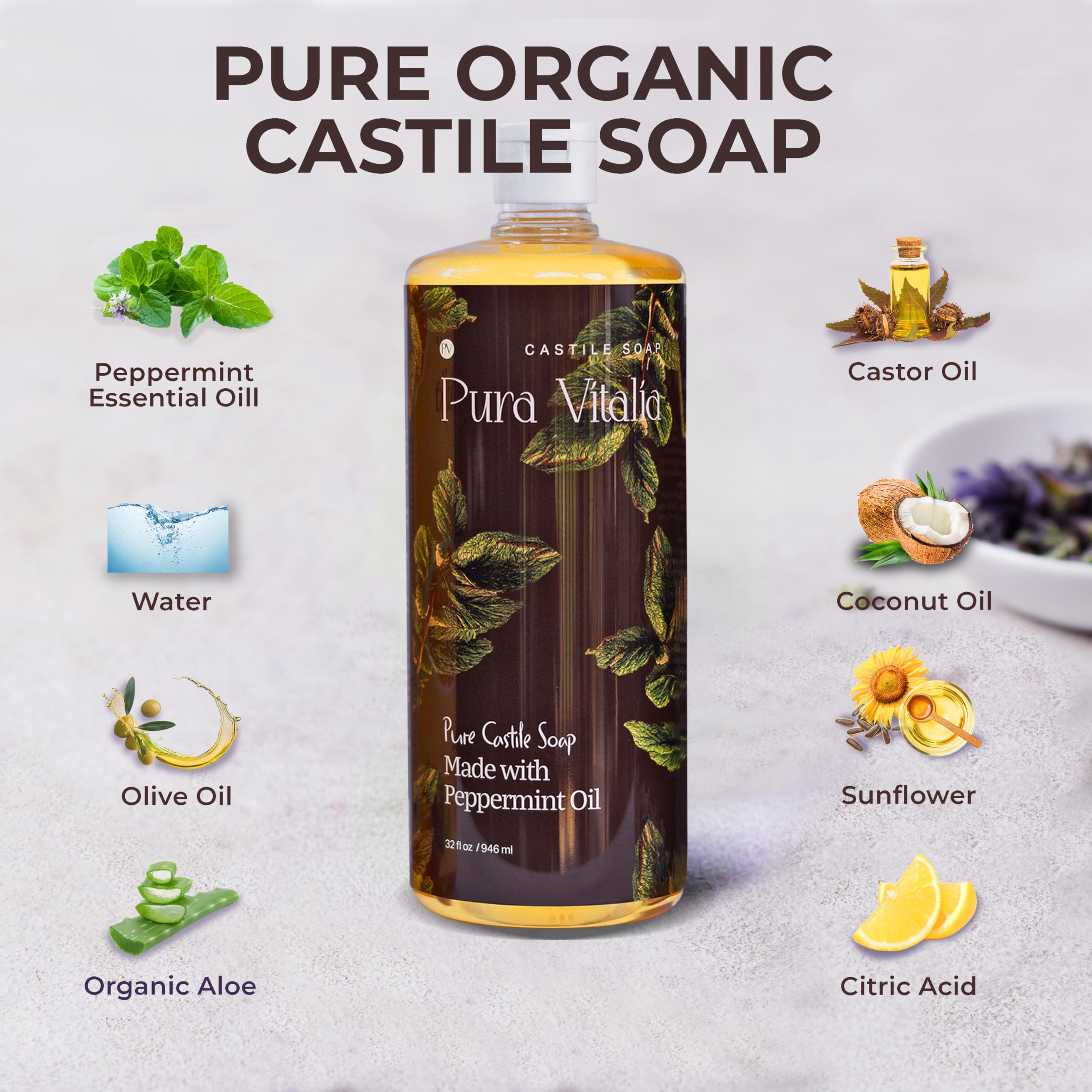 Pura Vitalia Peppermint Organic Castile Soap | Gentle Body Wash for Face & Hands | Palm Oil Free & Vegan | 32 oz