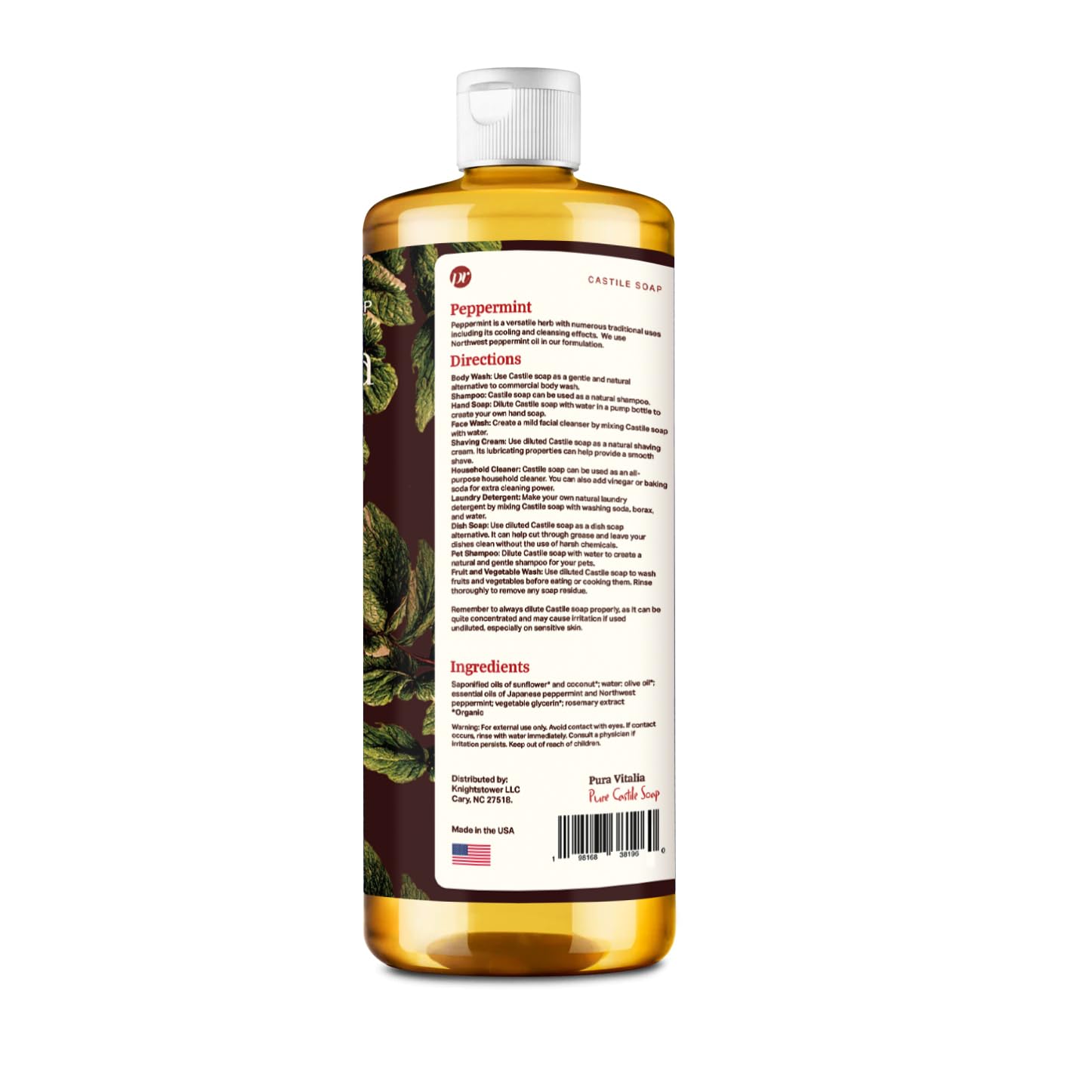 Pura Vitalia Peppermint Organic Castile Soap | Gentle Body Wash for Face & Hands | Palm Oil Free & Vegan | 32 oz