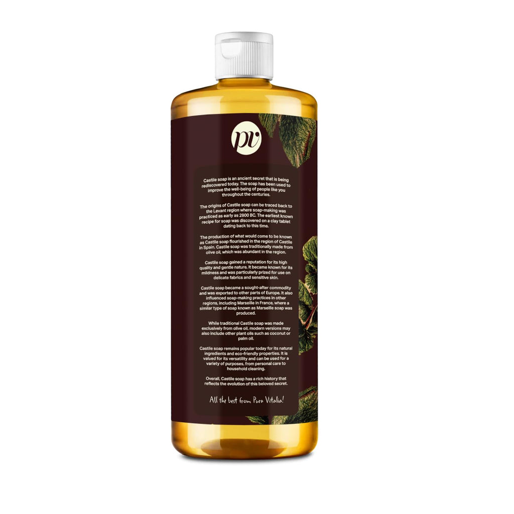 Pura Vitalia Peppermint Organic Castile Soap | Gentle Body Wash for Face & Hands | Palm Oil Free & Vegan | 32 oz