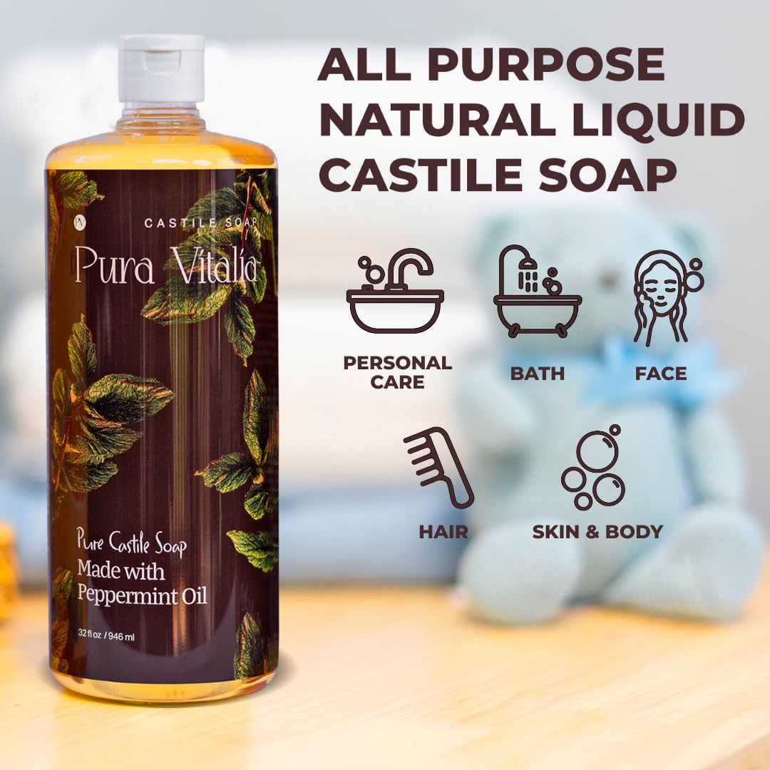 Pura Vitalia Peppermint Organic Castile Soap | Gentle Body Wash for Face & Hands | Palm Oil Free & Vegan | 32 oz