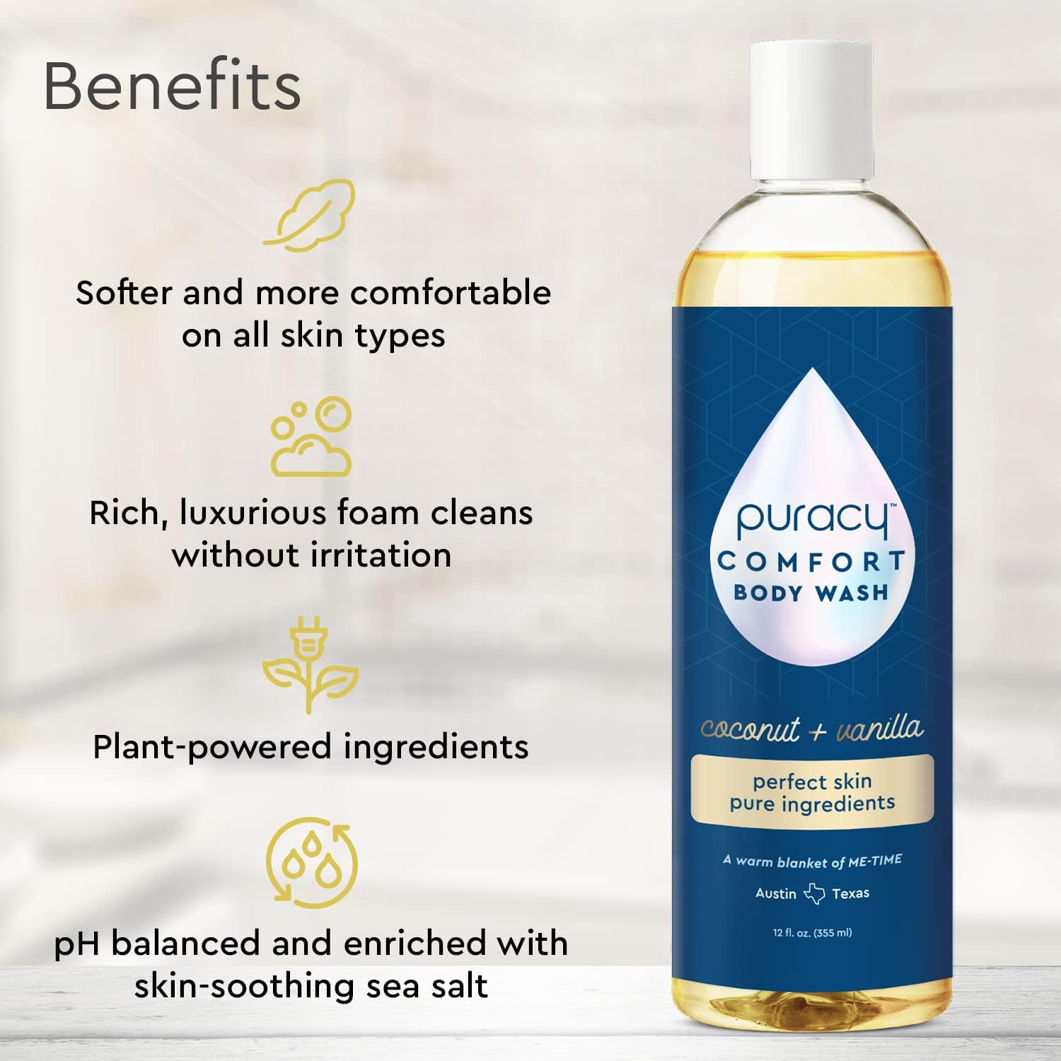 Puracy Body Wash – Natural Plant-Based Moisturizing Shower Gel for Dry Skin | Coconut Vanilla (12 oz)