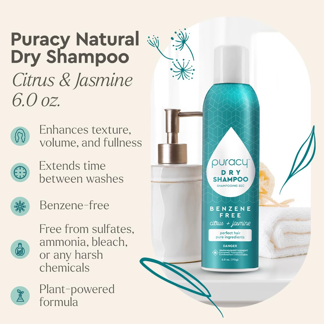 Puracy Natural Dry Shampoo for Women – Plant-Powered, Benzene-Free, Oil-Absorbing (Citrus & Jasmine, 6 oz) | As Seen on TikTok