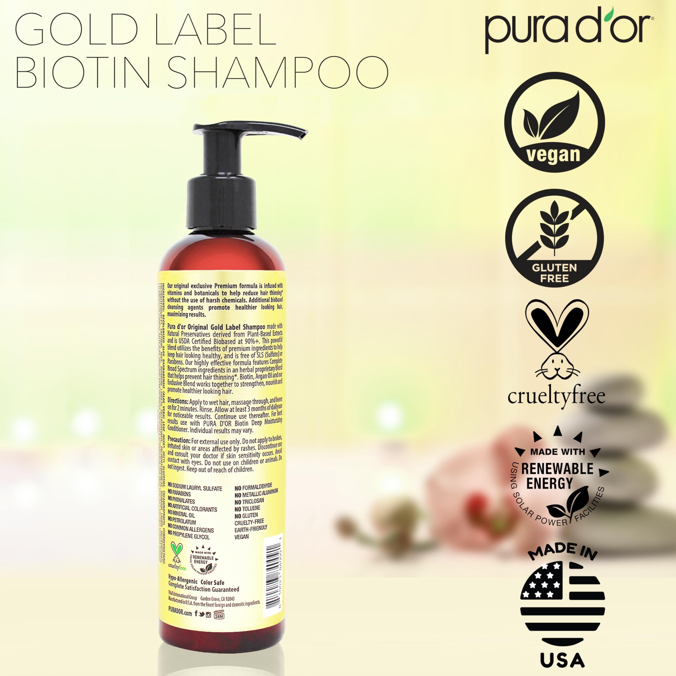 PURA D'OR Original Gold Label Biotin Shampoo – Thickening, Color-Safe, Earthy Scent