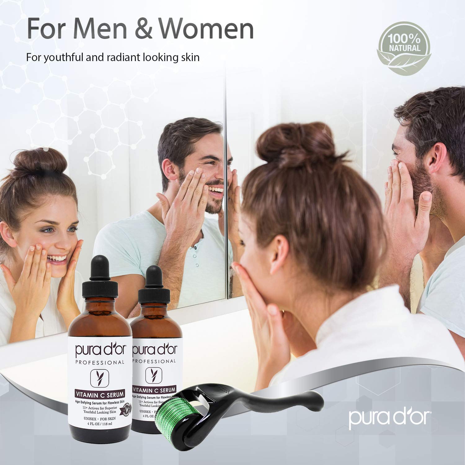 PURA D'OR 25% Vitamin C Serum + 0.25mm Derma Roller Set | Hyaluronic Acid & Retinol Skin Care Kit