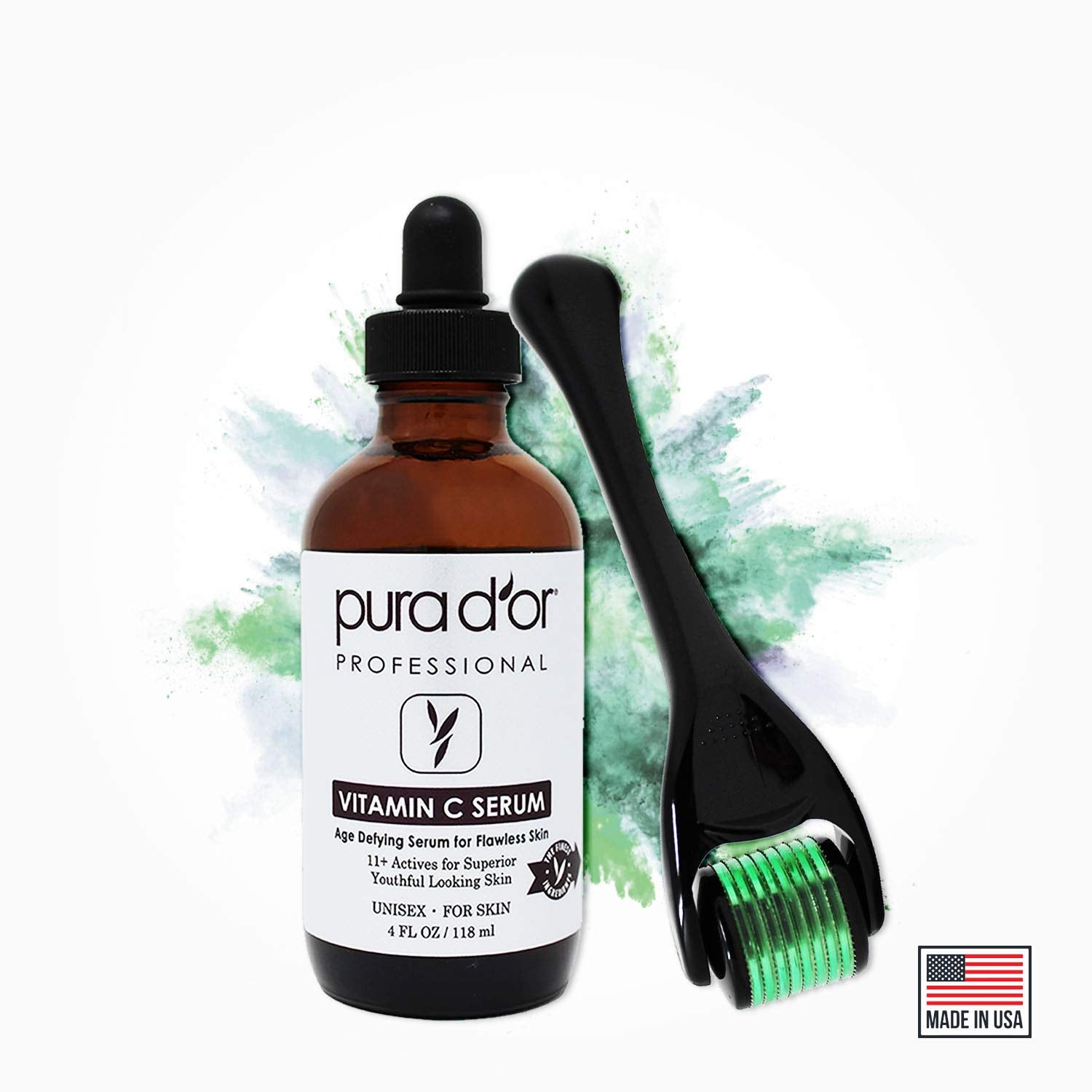 PURA D'OR 25% Vitamin C Serum + 0.25mm Derma Roller Set | Hyaluronic Acid & Retinol Skin Care Kit