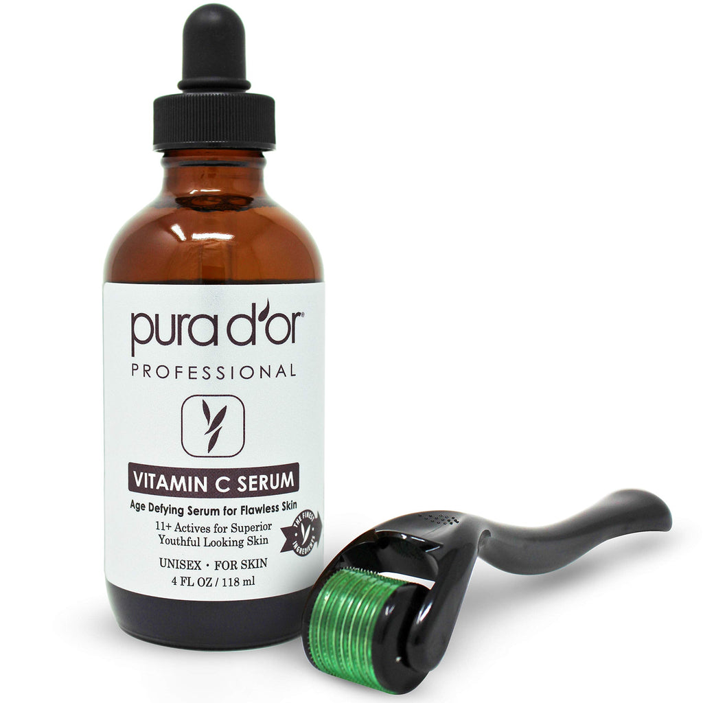 PURA D'OR 25% Vitamin C Serum + 0.25mm Derma Roller Set | Hyaluronic Acid & Retinol Skin Care Kit