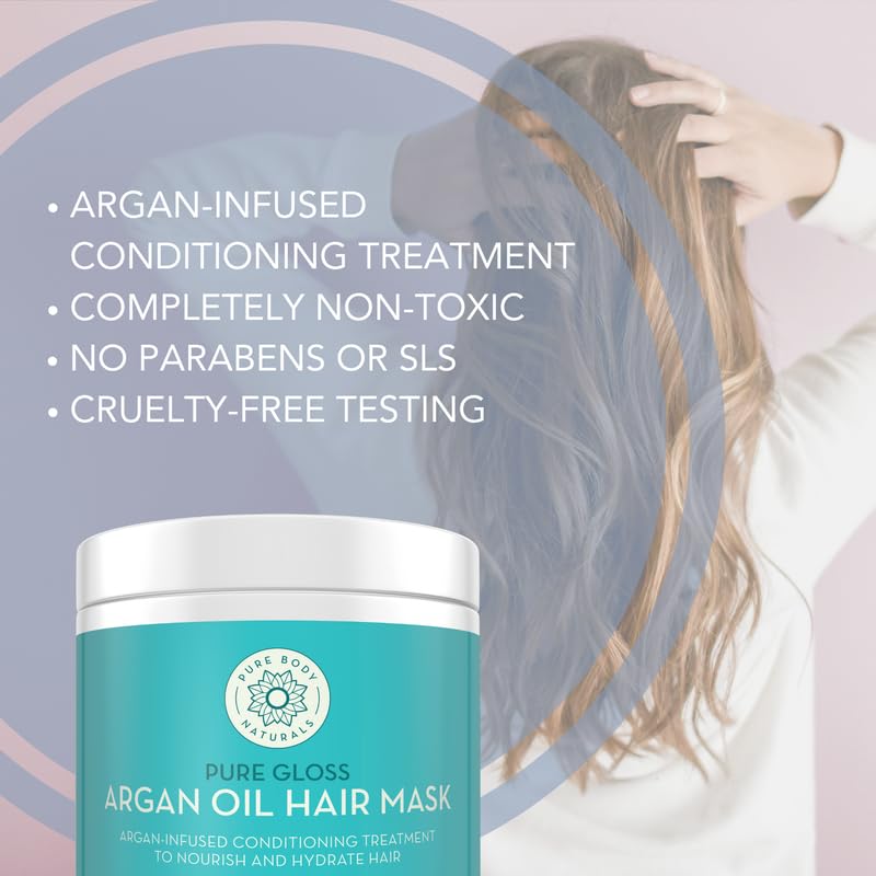 Pure Body Naturals Hair Mask – Argan Oil Deep Conditioning (Pack of 2, 8 oz each) for Damaged & Curly Hair