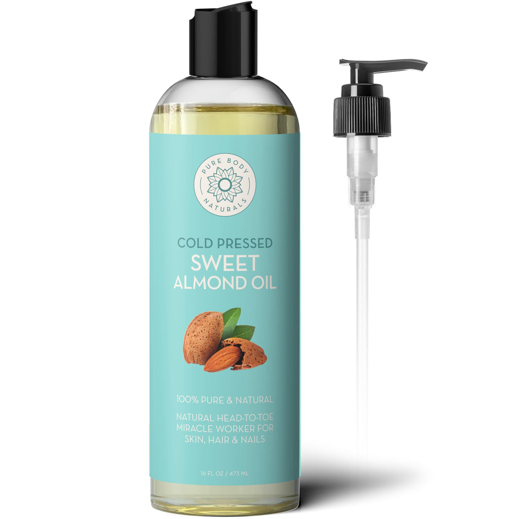 Pure Body Naturals Sweet Almond Oil – 100% Pure, Cold-Pressed Carrier Oil for Hair, Skin & Nails, 16 Fl Oz