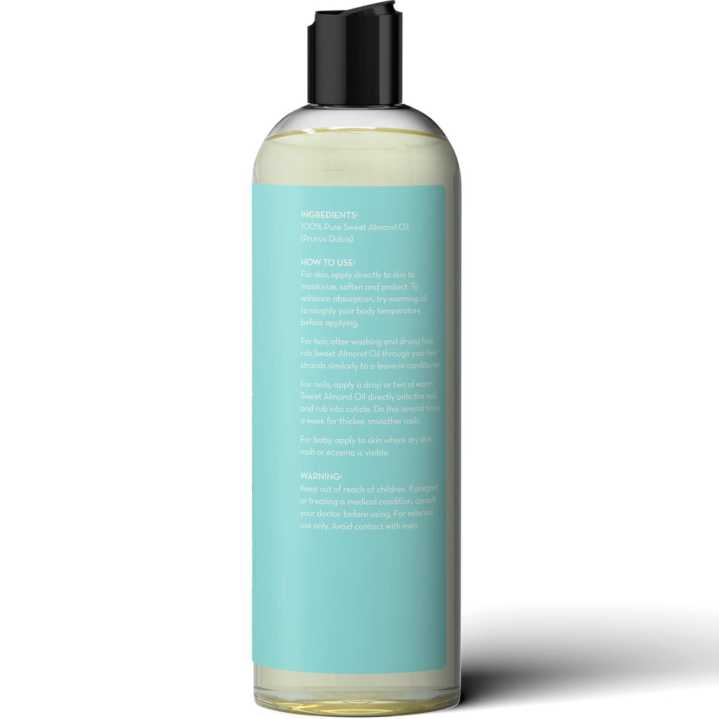 Pure Body Naturals Sweet Almond Oil – 100% Pure, Cold-Pressed Carrier Oil for Hair, Skin & Nails, 16 Fl Oz