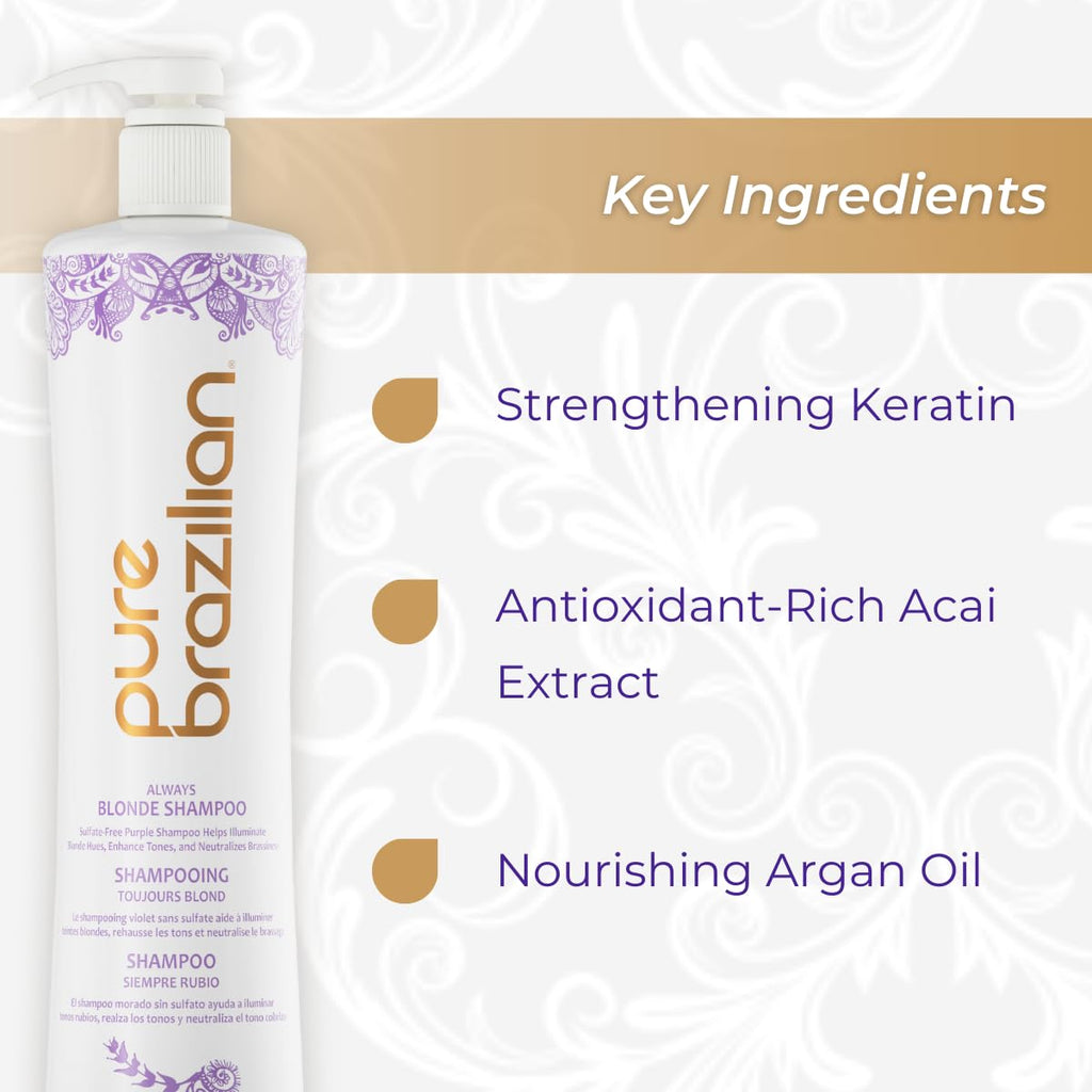 Pure Brazilian Always Blonde Shampoo – Purple Toner with Keratin, Acai & Argan Oil, Sulfate-Free (33.8 oz)