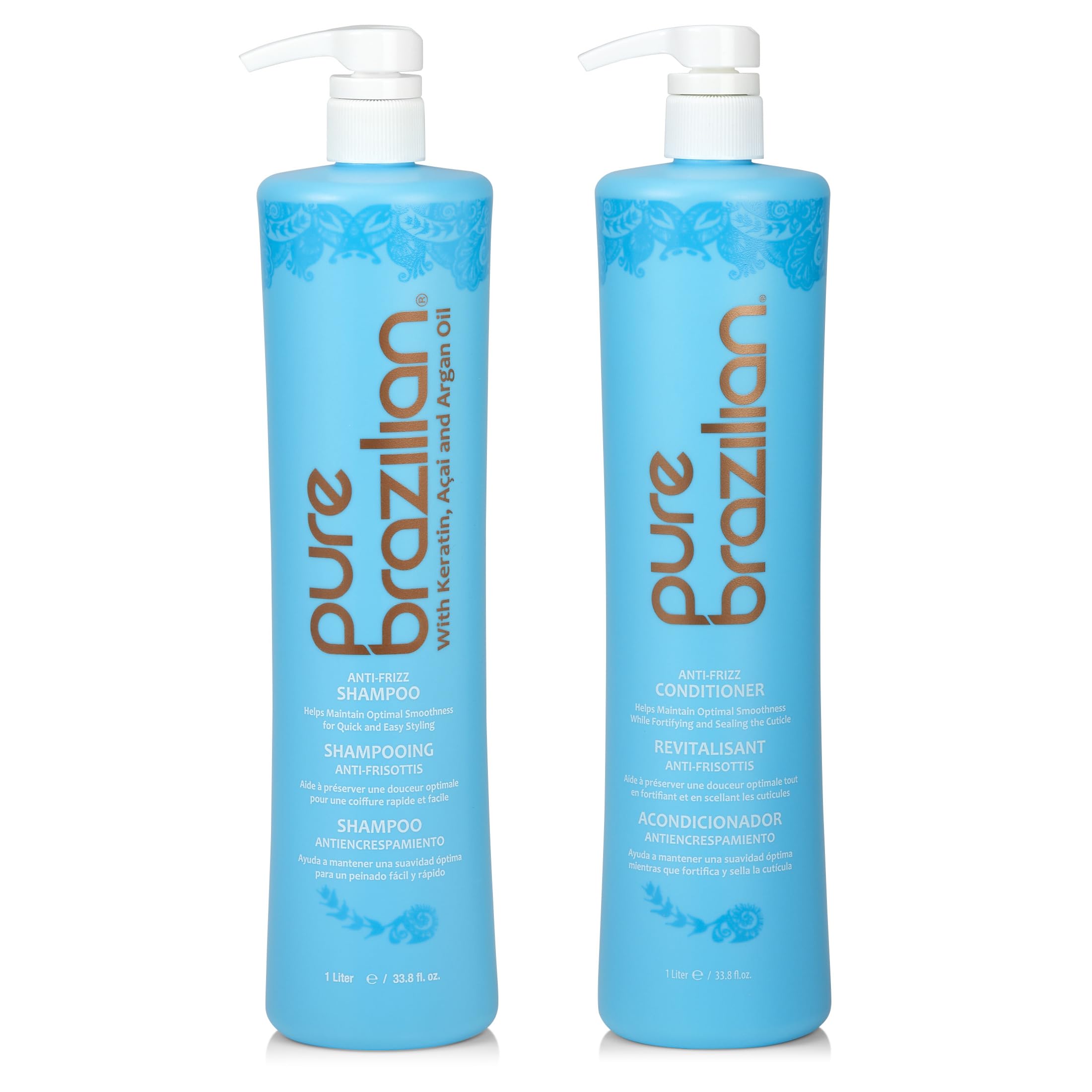 Pure Brazilian Anti-Frizz Daily Shampoo & Conditioner – Salt-Free, Color Safe, Keratin & Argan Oil – 1L
