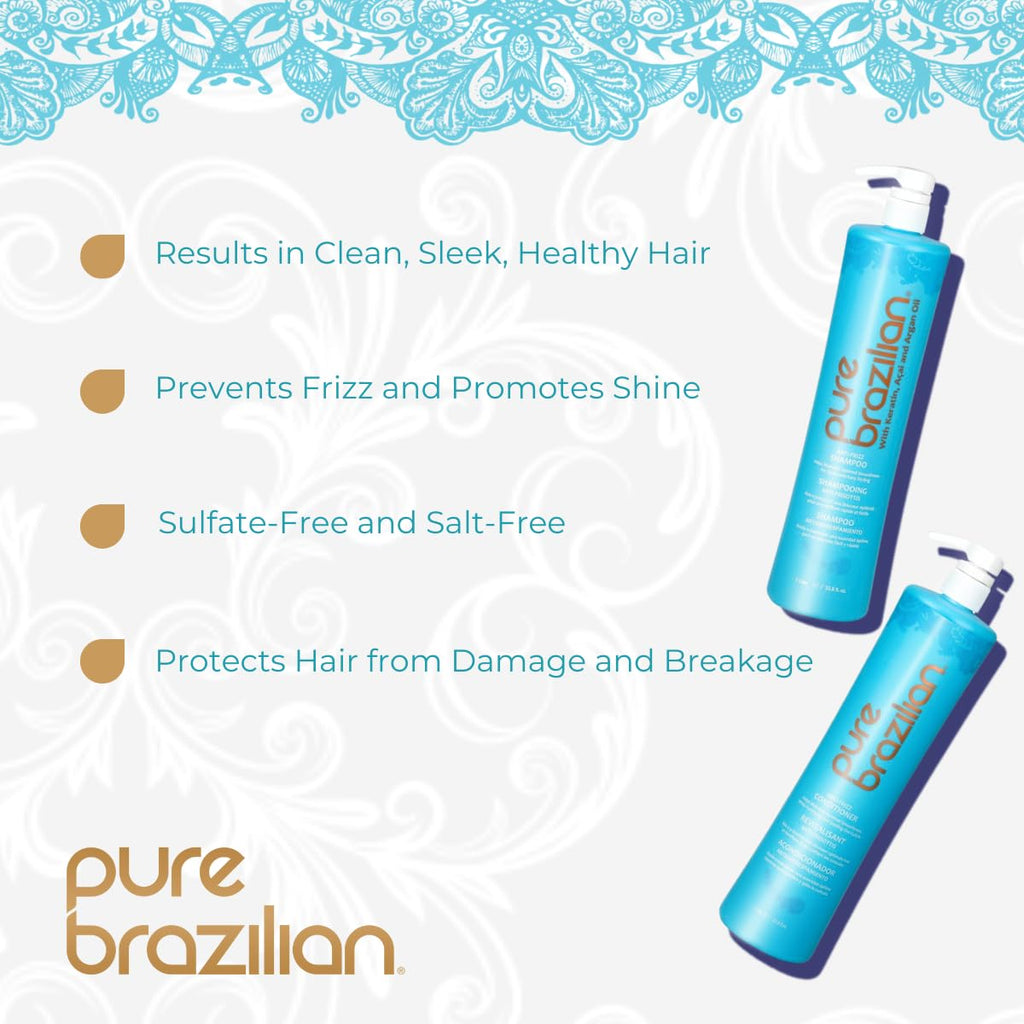 Pure Brazilian Anti-Frizz Daily Shampoo & Conditioner – Salt-Free, Color Safe, Keratin & Argan Oil – 1L