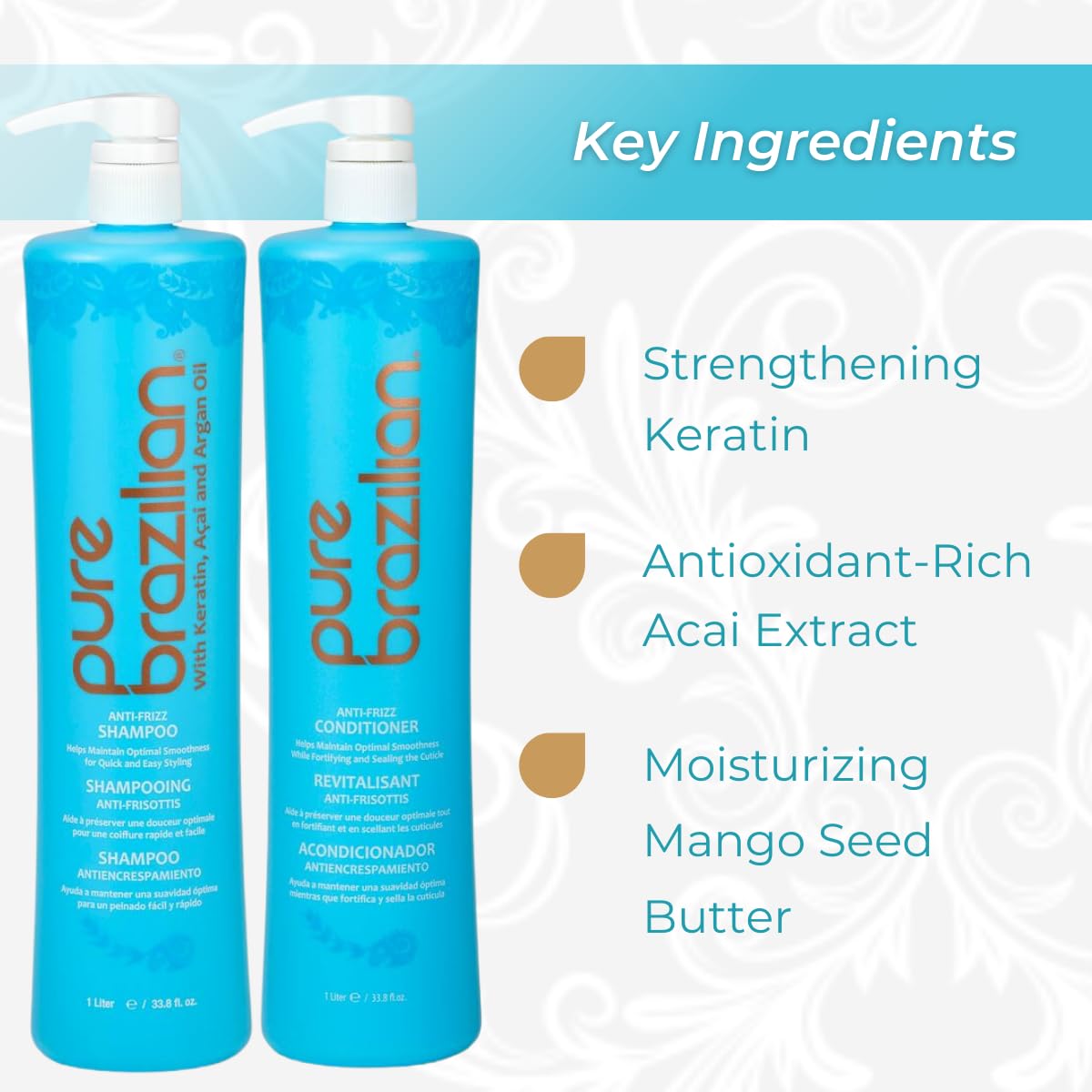 Pure Brazilian Anti-Frizz Daily Shampoo & Conditioner – Salt-Free, Color Safe, Keratin & Argan Oil – 1L