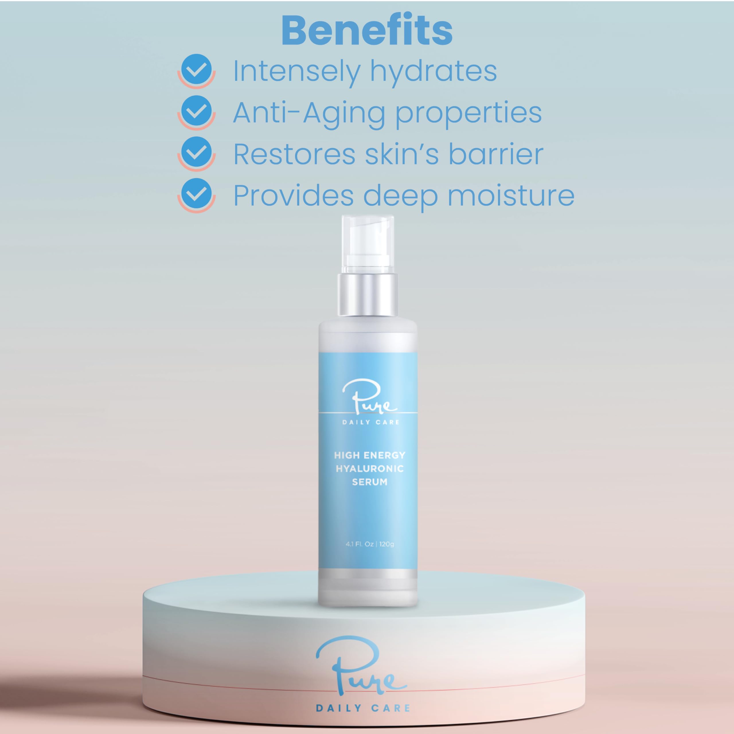 Pure Daily Care High Energy Hyaluronic Serum — Hydrating Clinical-Grade Hyaluronic Acid (4 fl oz)