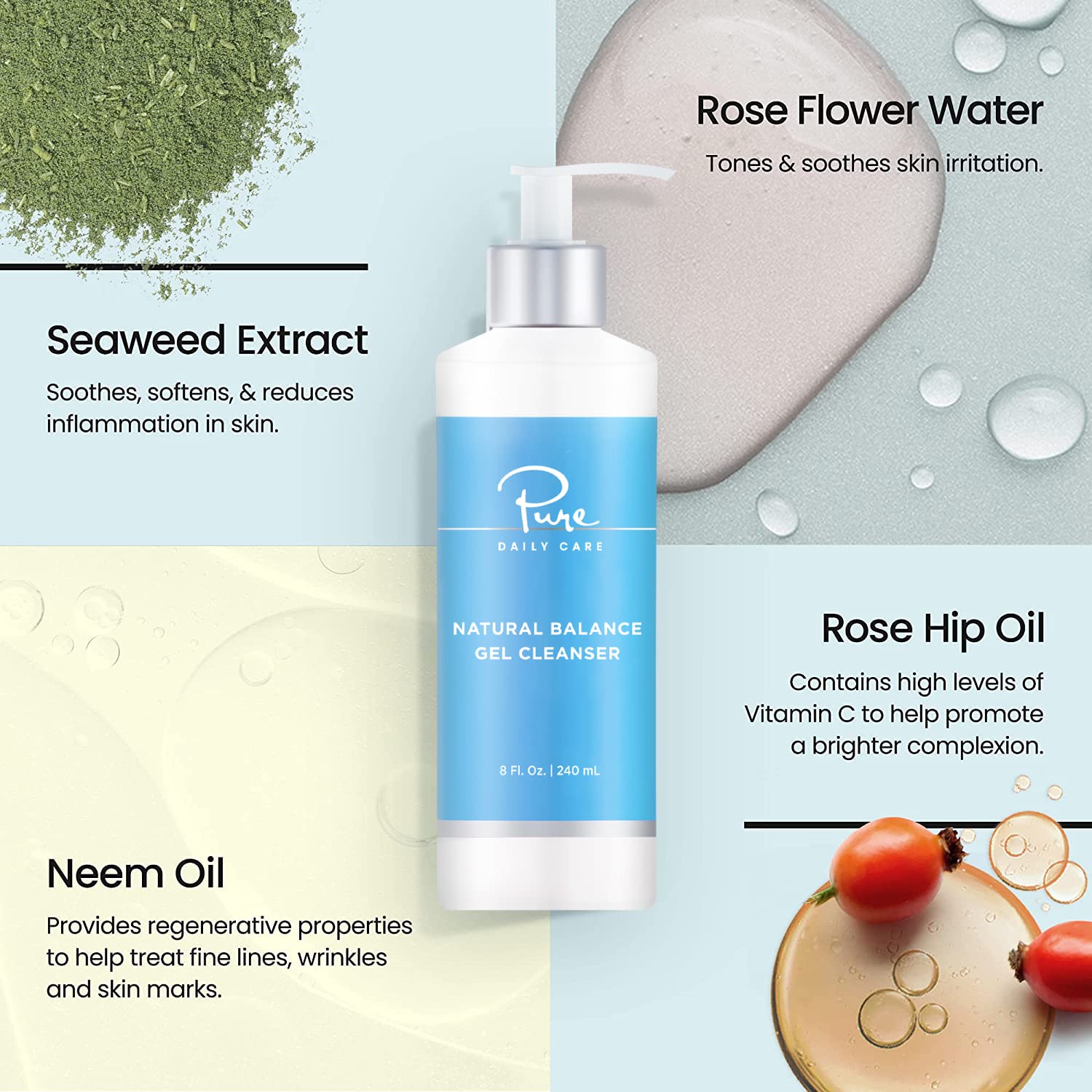 Pure Daily Care Natural Balance Gel Cleanser (8 Oz) | Gentle, Refreshing Clean Beauty Daily Cleanser