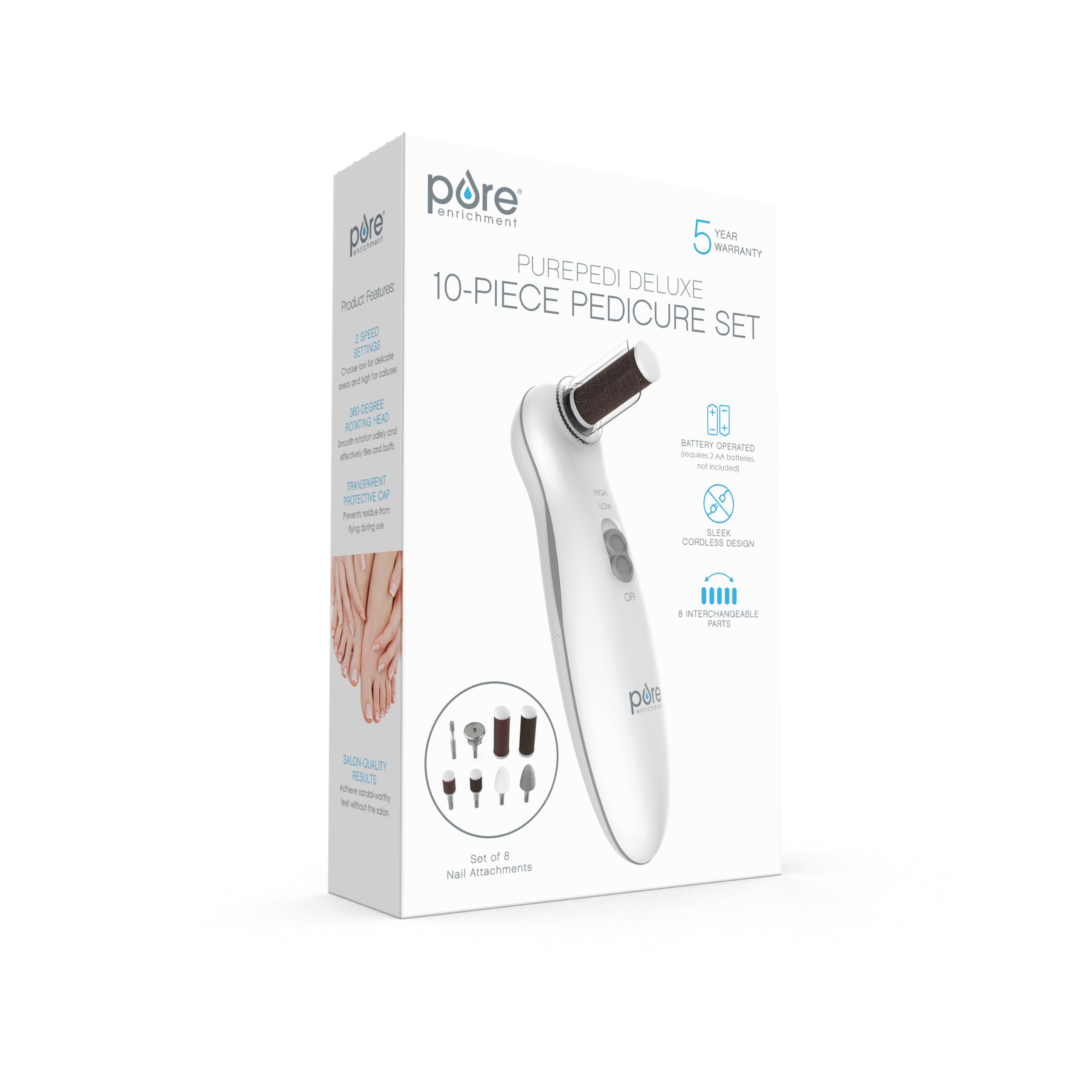 Pure Enrichment PurePedi Deluxe 10-Piece Pedicure Set | Cordless Nail File, Drill & Callus Remover